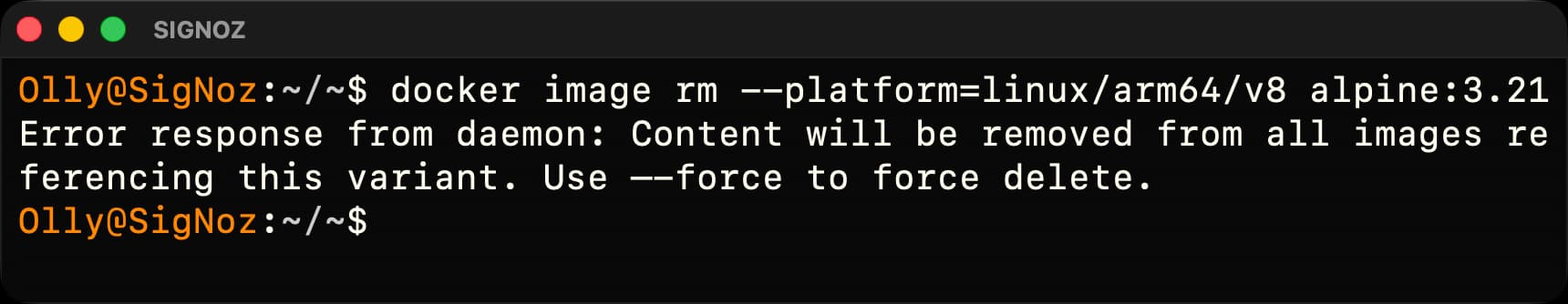 Terminal showing Docker blocking removal of the linux/arm64/v8 variant of alpine:3.21 without force