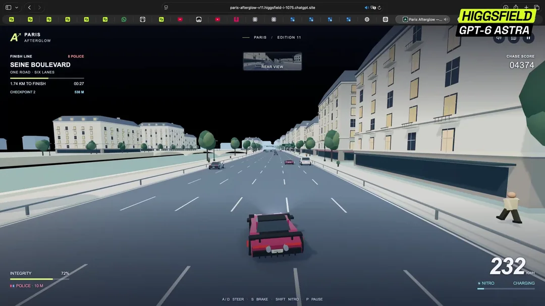 GPT-6 Astra生成的可玩3D赛车追逐游戏Paris Afterglow实机截图，含完整HUD
