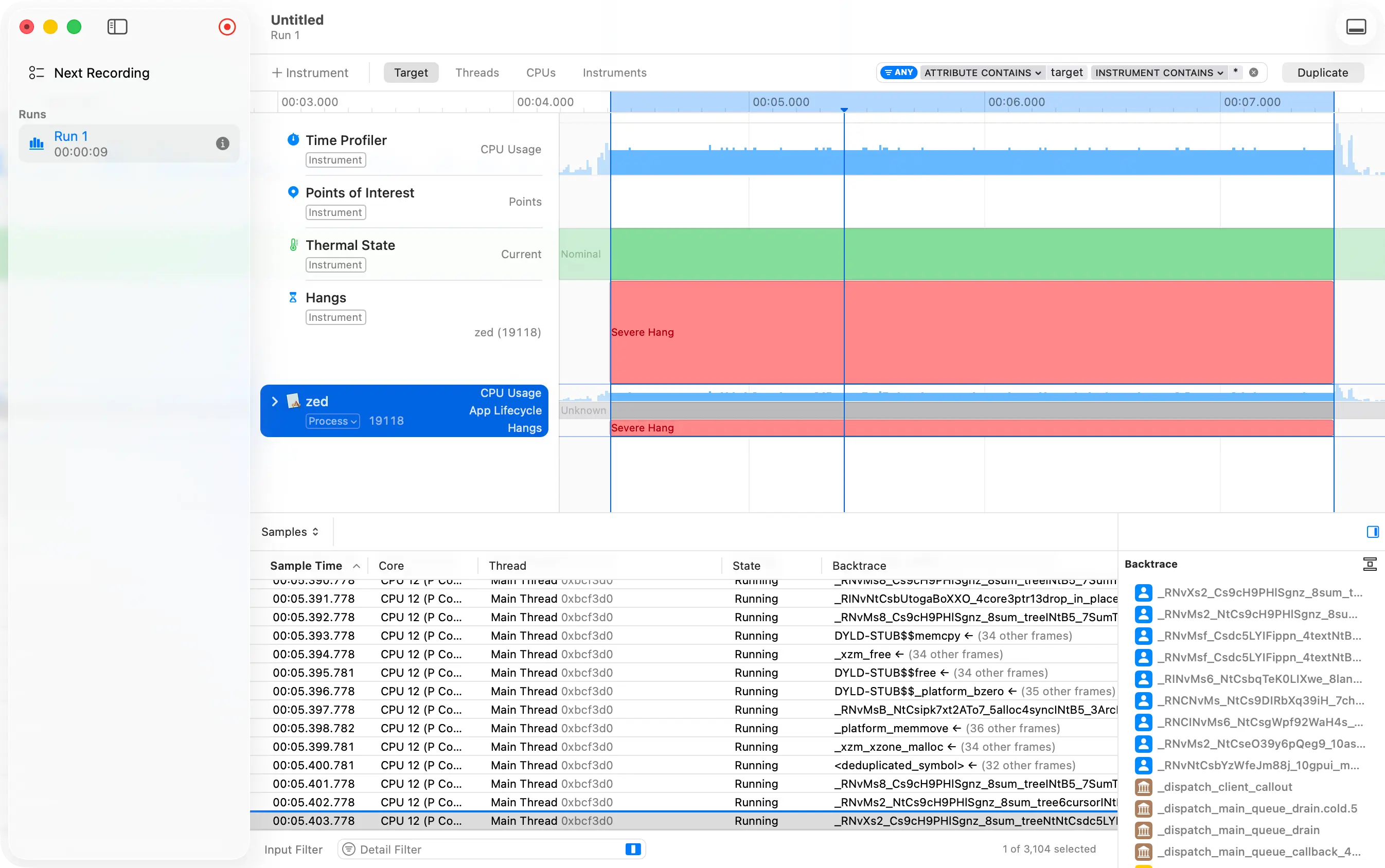 Instruments 中一份完整的 Time Profiler 录制结果