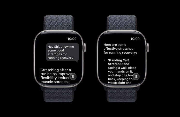 灰色 Apple Watch Series 11,显示关于训练的 Siri AI 对话