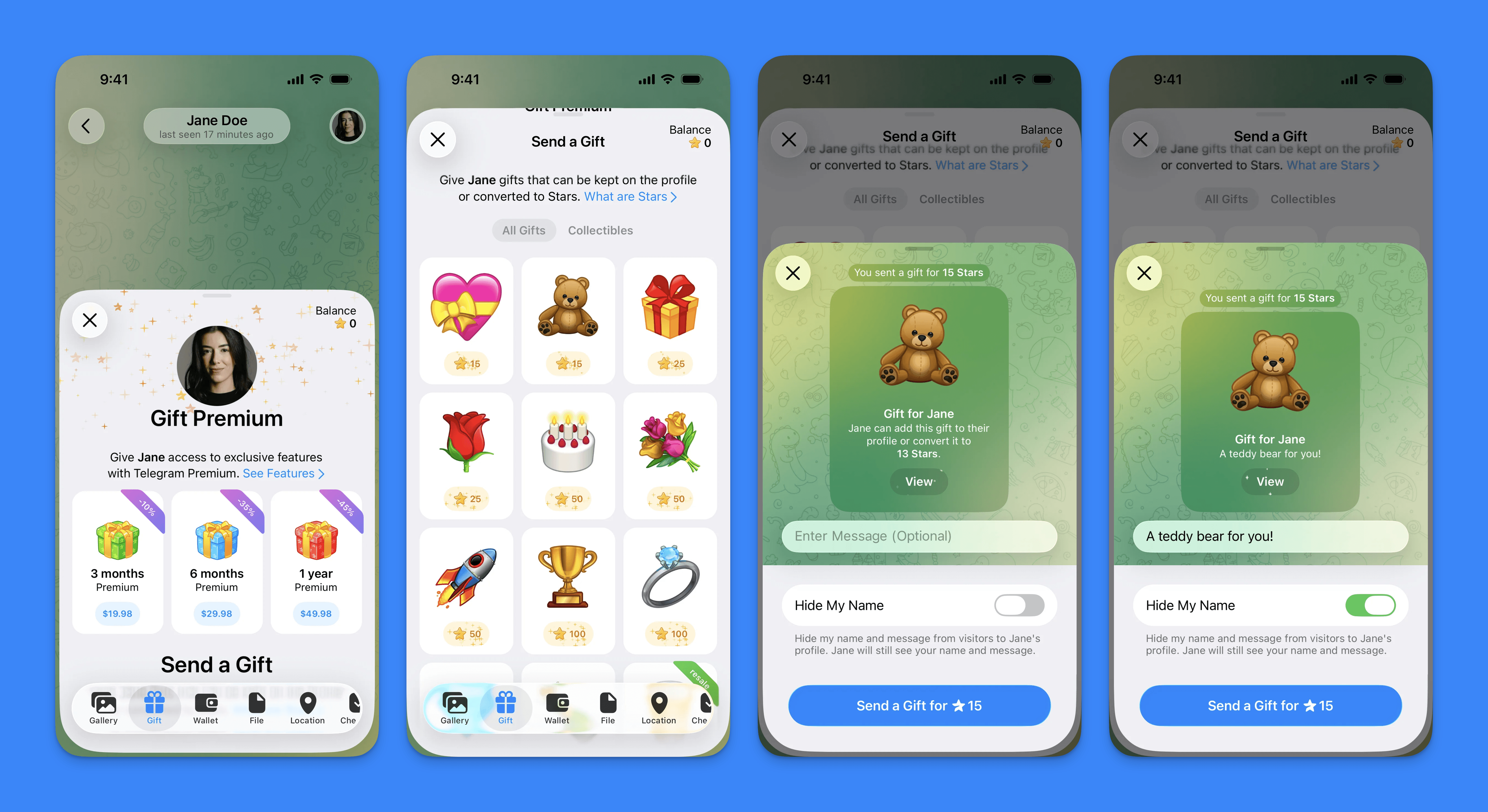 四个 Telegram 界面：Gift Premium 面板显示三、六、十二个月的定价；礼品目录网格价格从 15 到 100 Stars；发送面板中“隐藏我的名字”开关关闭；同一面板中该开关开启