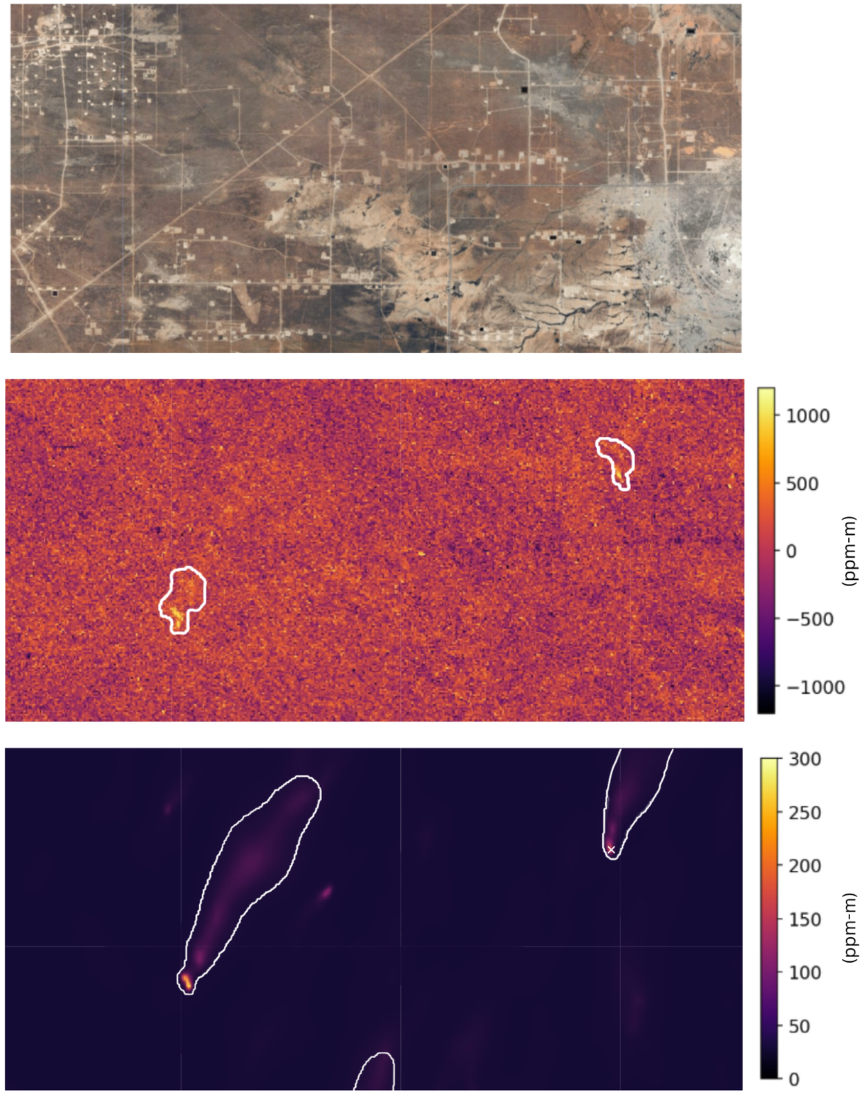 Three-panel graphic showing a standard aerial view, a surface heatmap, and isolated gas emission plumes.
