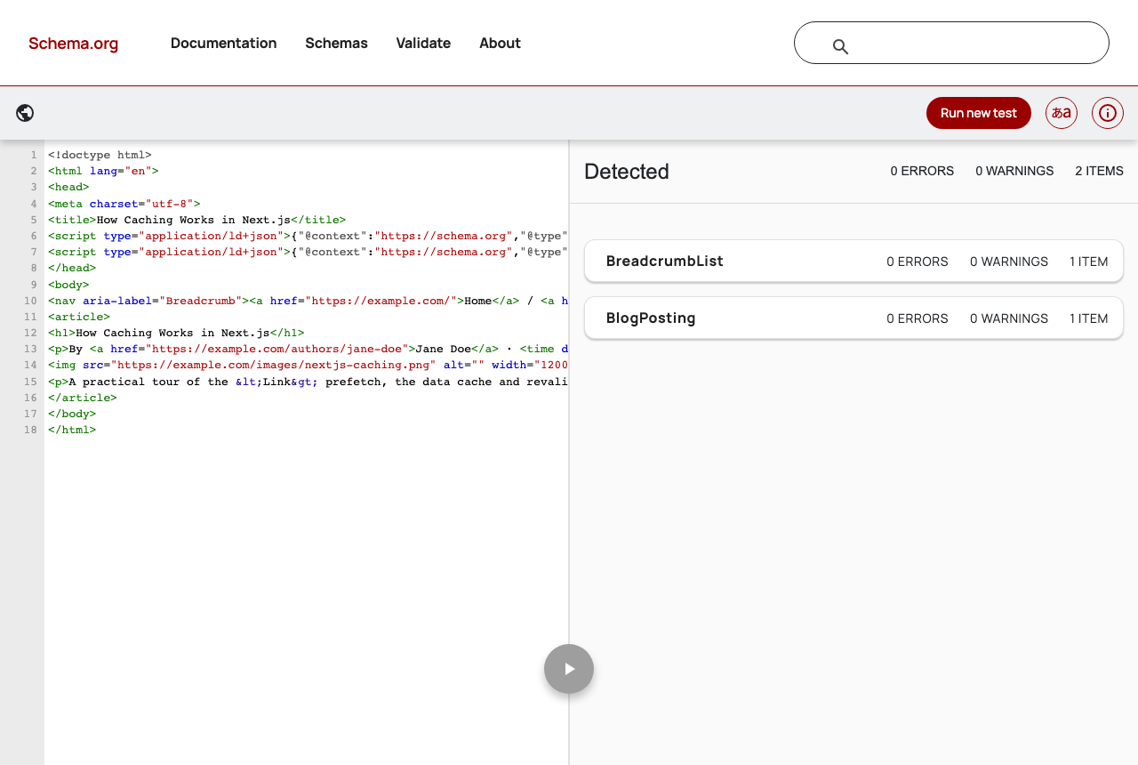 Schema Markup Validator 示例：对示例博客文章显示 0 错误和 0 警告，检测出 BreadcrumbList 和 BlogPosting
