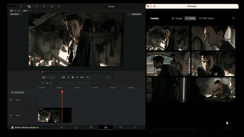 DaVinci Resolve 时间线与 Runway 生成窗口并列