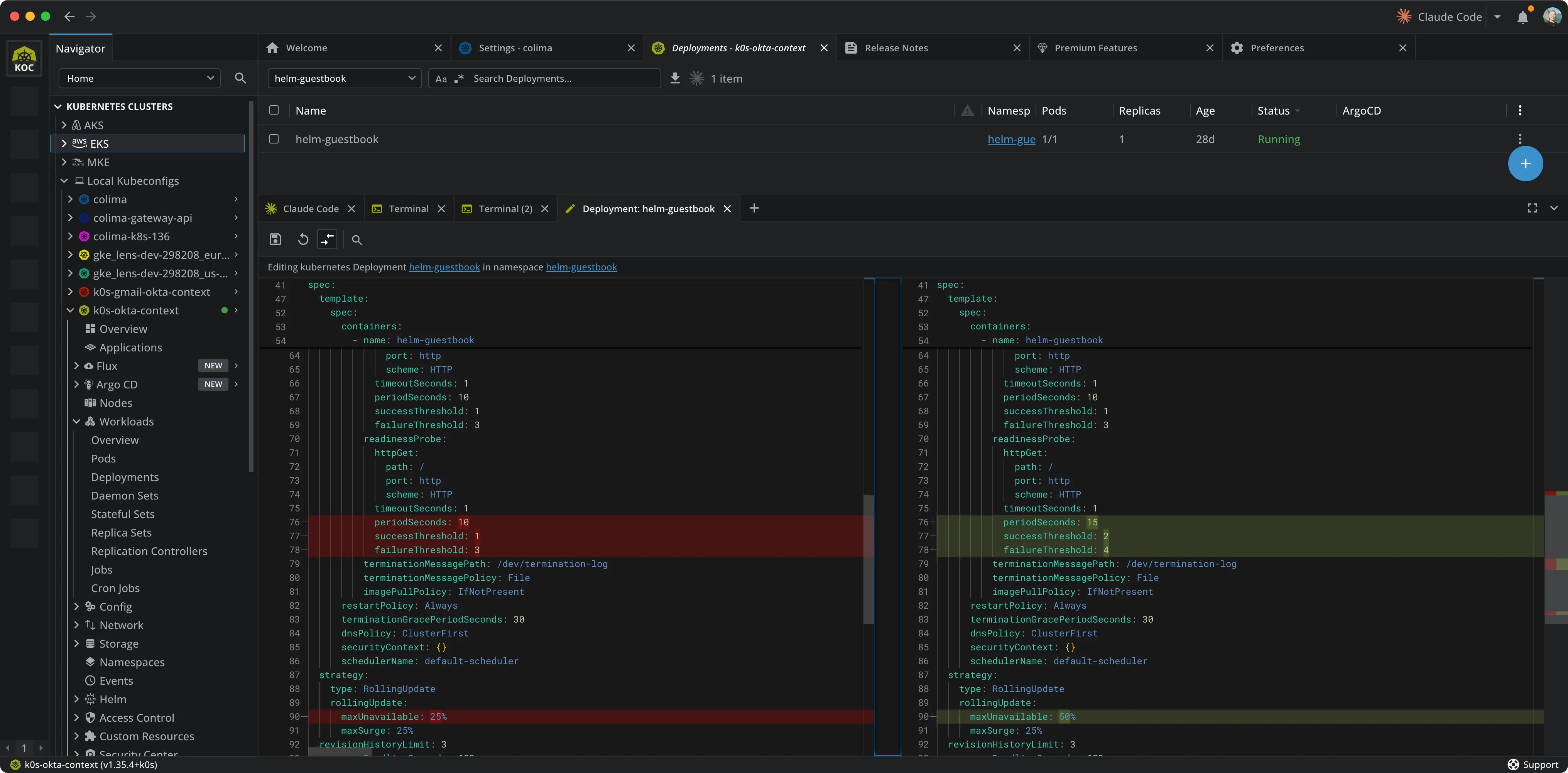 The advanced editor in diff mode while editing a Deployment, with the original resource on the left and the edited version on the right, changed lines highlighted