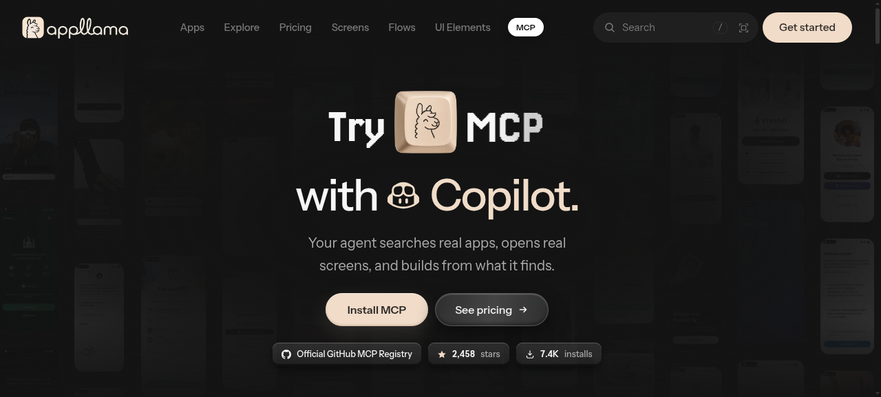Appllama 官网 MCP 页面顶部:Try MCP 标题与 Install MCP 按钮