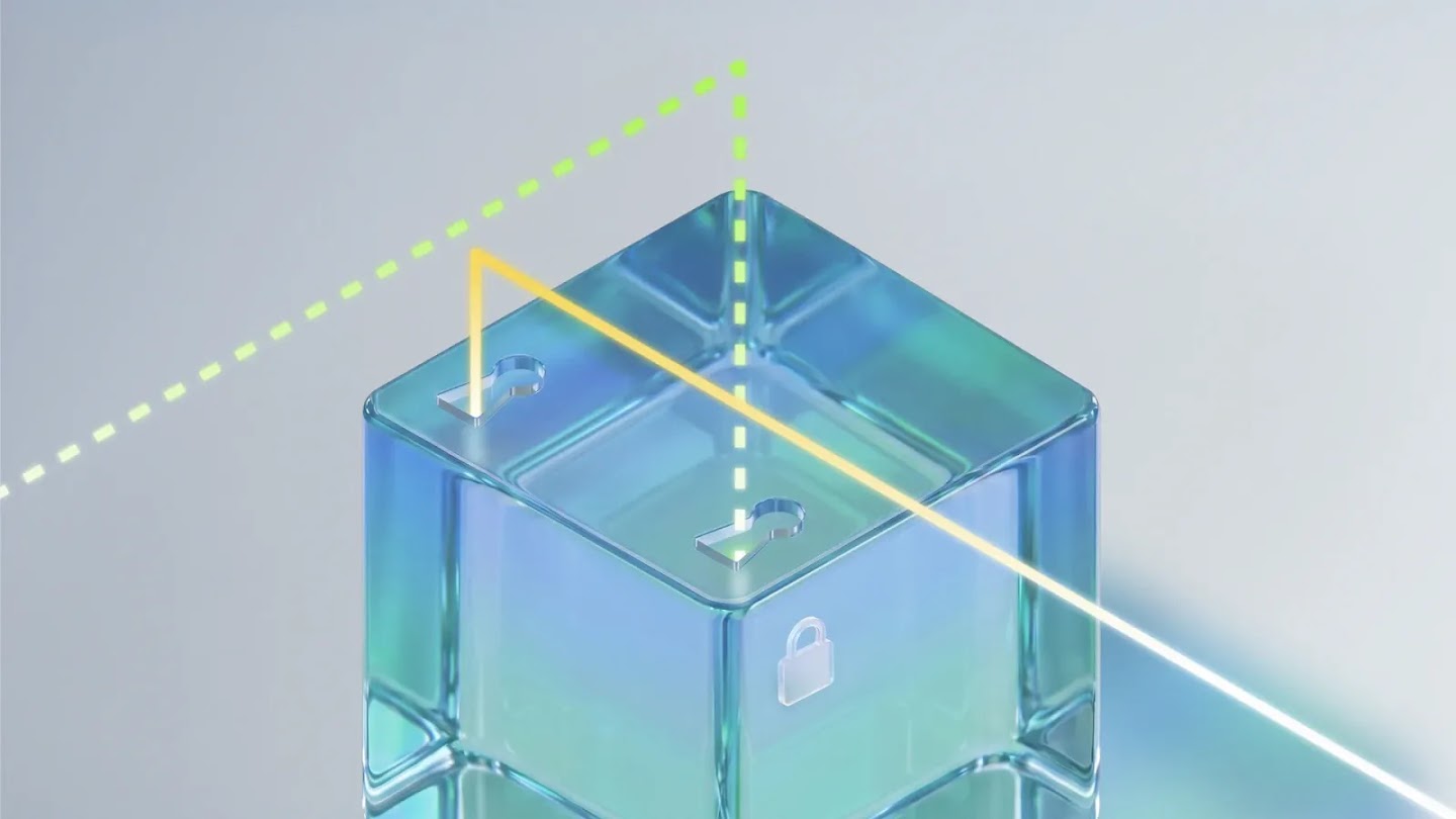 A translucent blue-green cube with keyholes and a padlock symbol, with glowing yellow and green light beams passing through it.