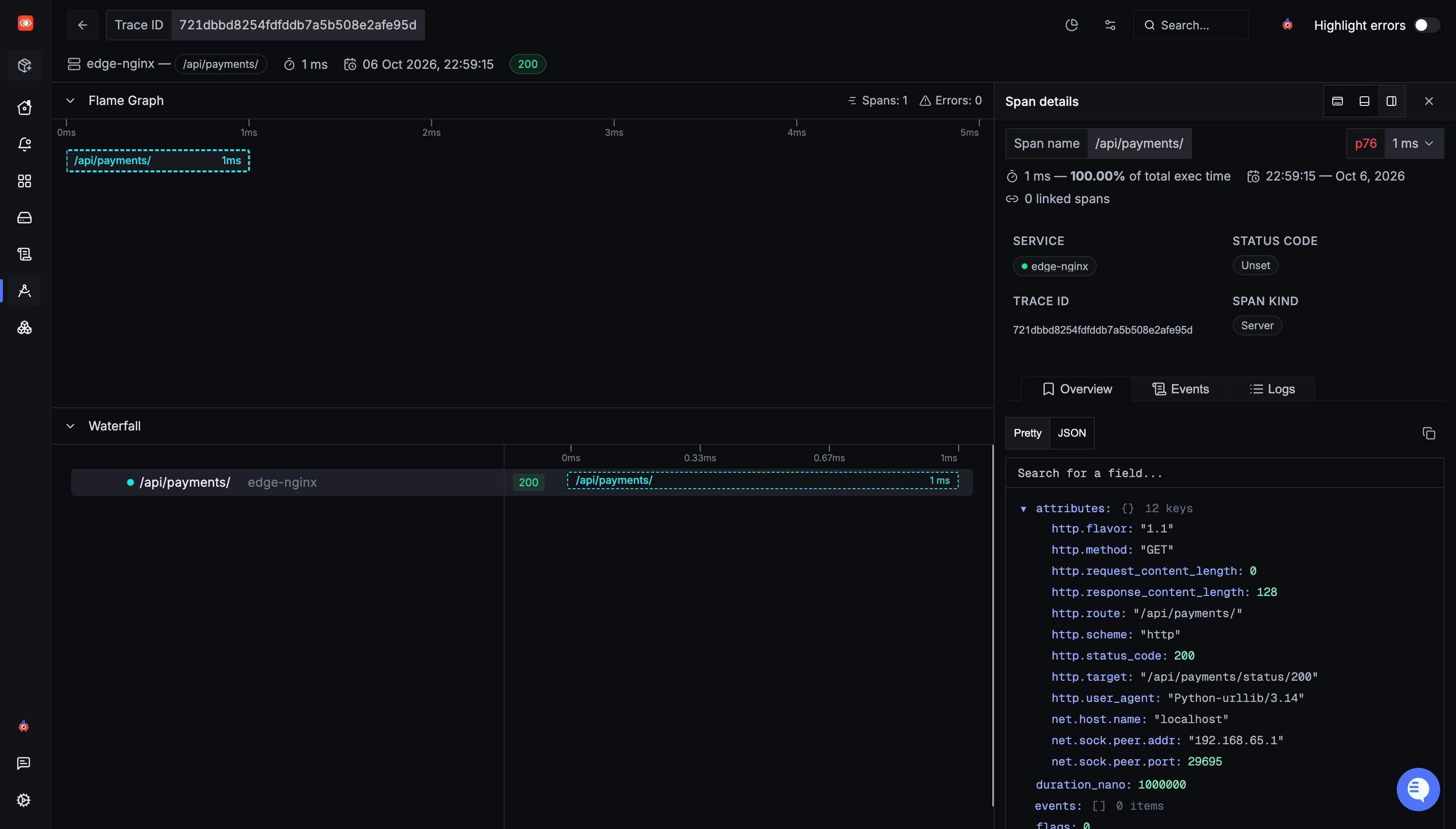 SigNoz trace detail view showing an NGINX server span with its HTTP attributes