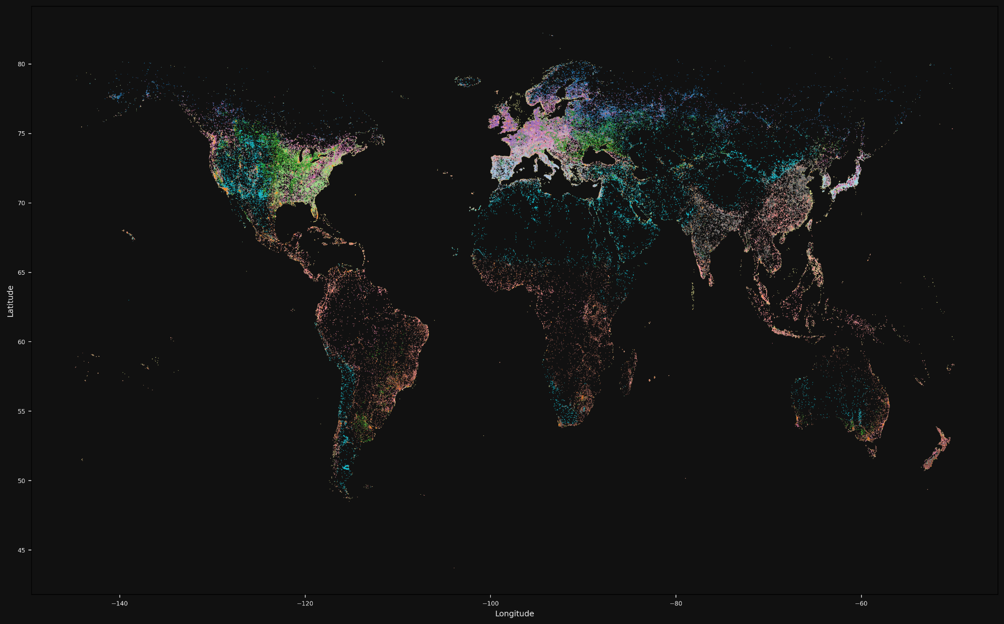 World map of OlmoEarth embeddings with each land pixel colored by its k-means cluster, revealing coherent biome and land-cover structure across continents