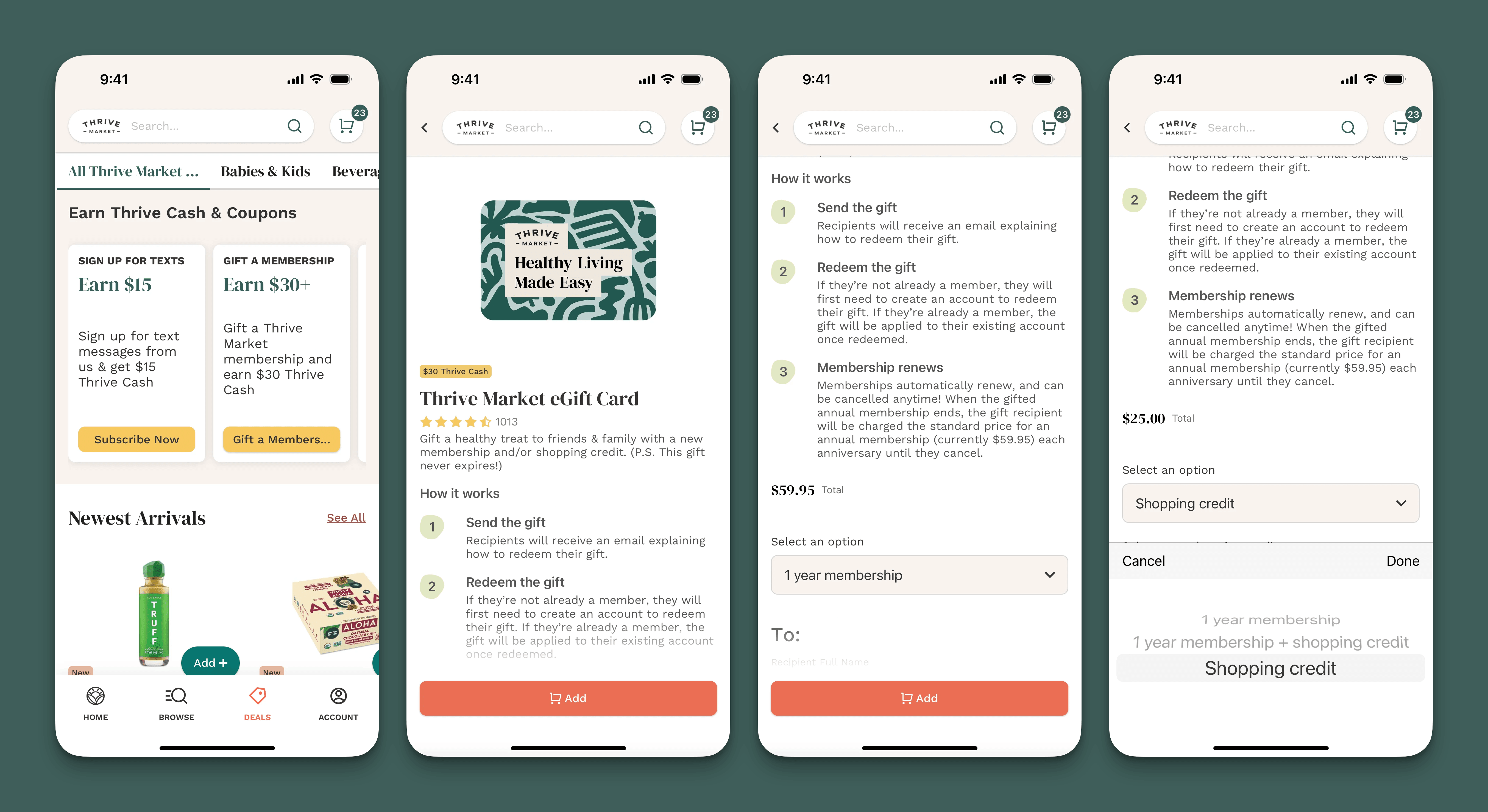 Thrive Market 的四张截图：一个提供 $30 的 Earn Thrive Cash 面板，鼓励用户赠送会员；一个 eGift Card 产品页，标注礼物永不过期；How it works 条款说明非会员收礼人必须先注册账户才能兑换；以及总价在 $59.95 会员费和 $25.00 购物金之间切换