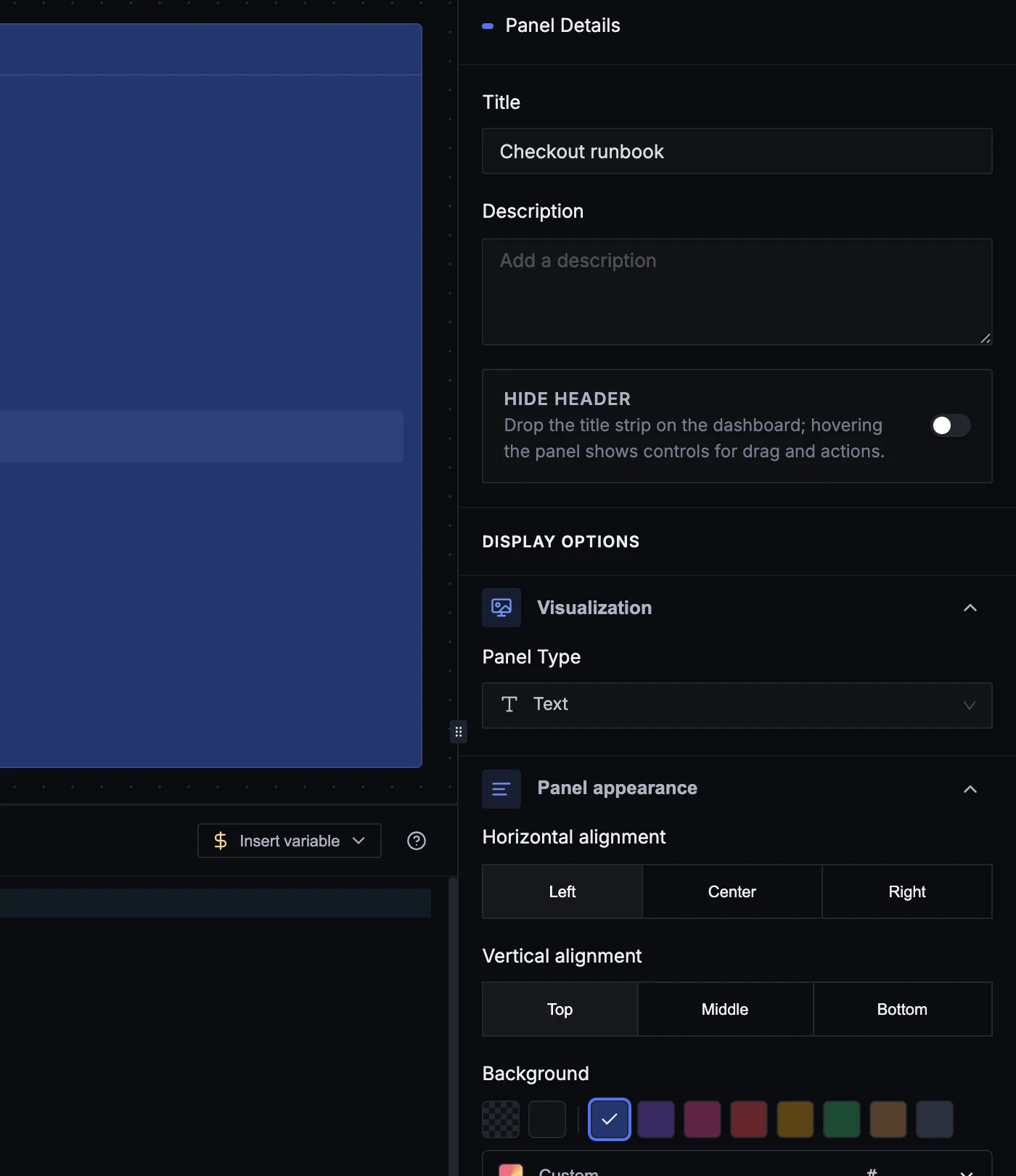 Text panel configuration pane showing Title, Description, Hide header, Visualization, and Panel appearance with alignment controls and the background swatch row