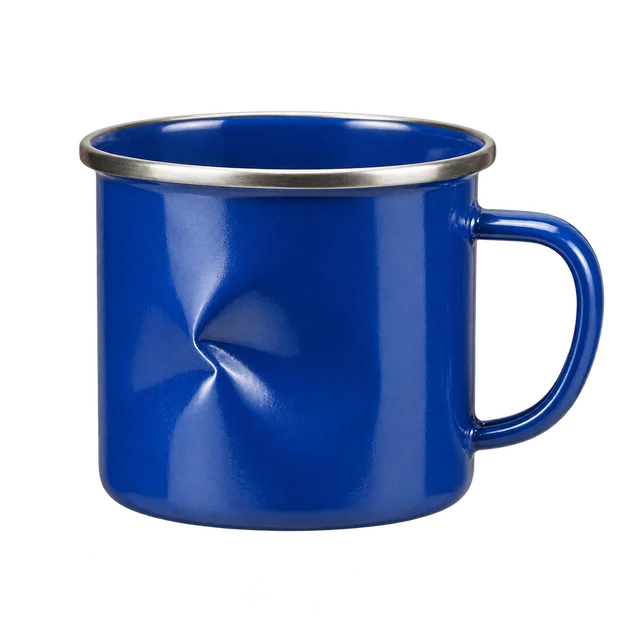一个有明显凹痕的蓝色露营杯