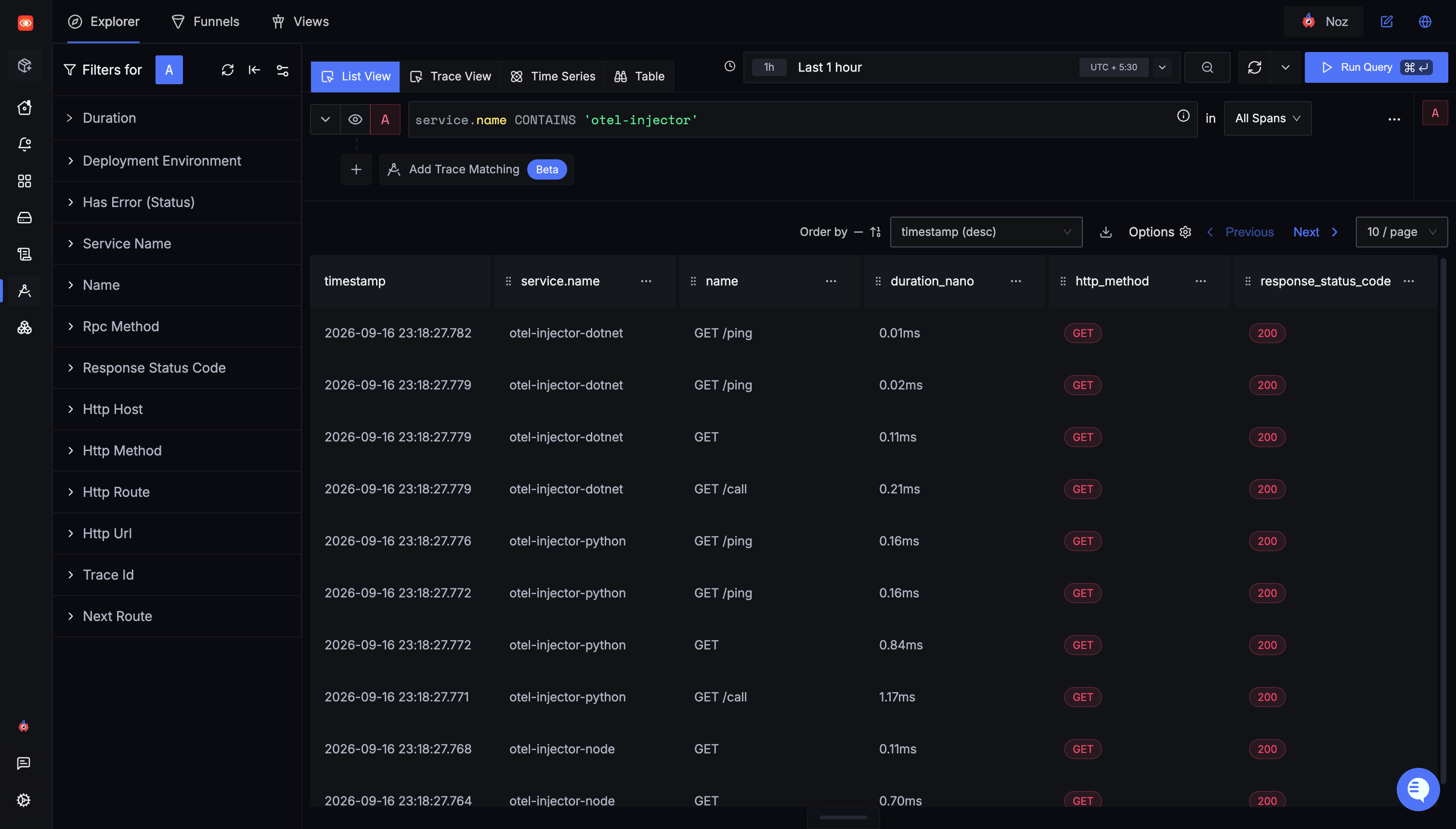 SigNoz Traces Explorer filtered on service.name CONTAINS 'otel-injector', listing GET /ping, GET /call, and outbound GET spans from four services