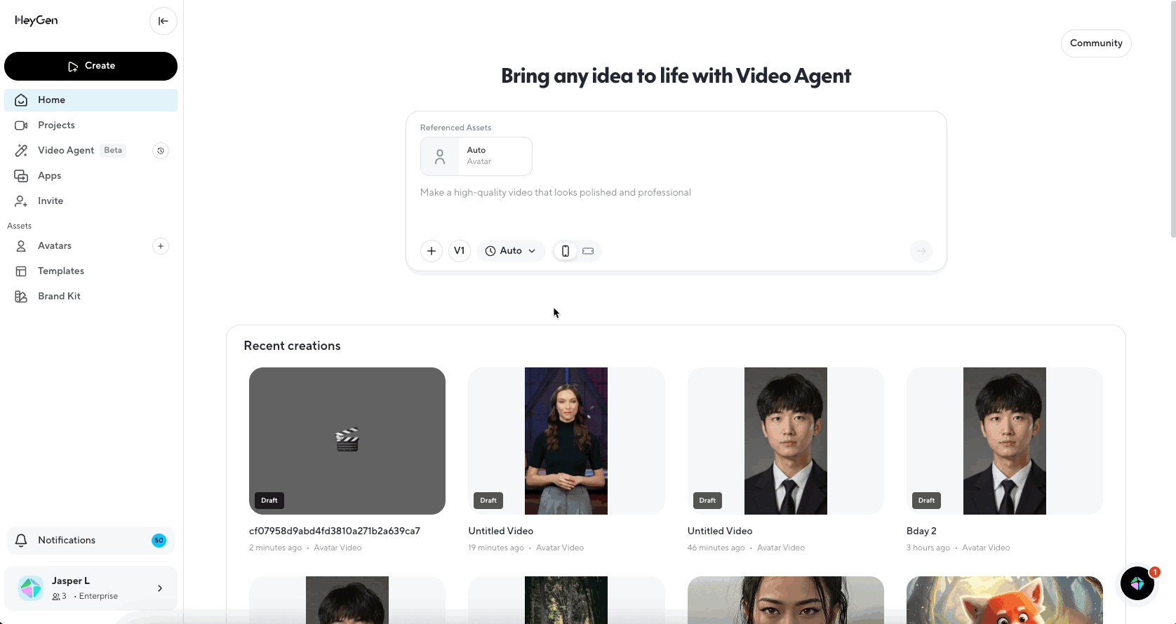 HeyGen 首页的 Video Agent 入口