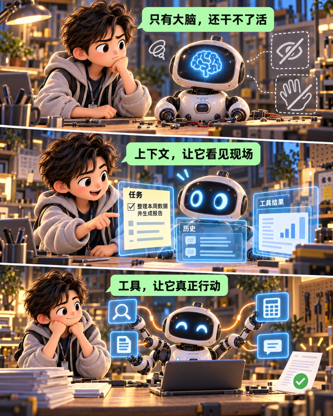 原创概念分镜:只有大脑还不够,上下文负责看见,工具负责行动