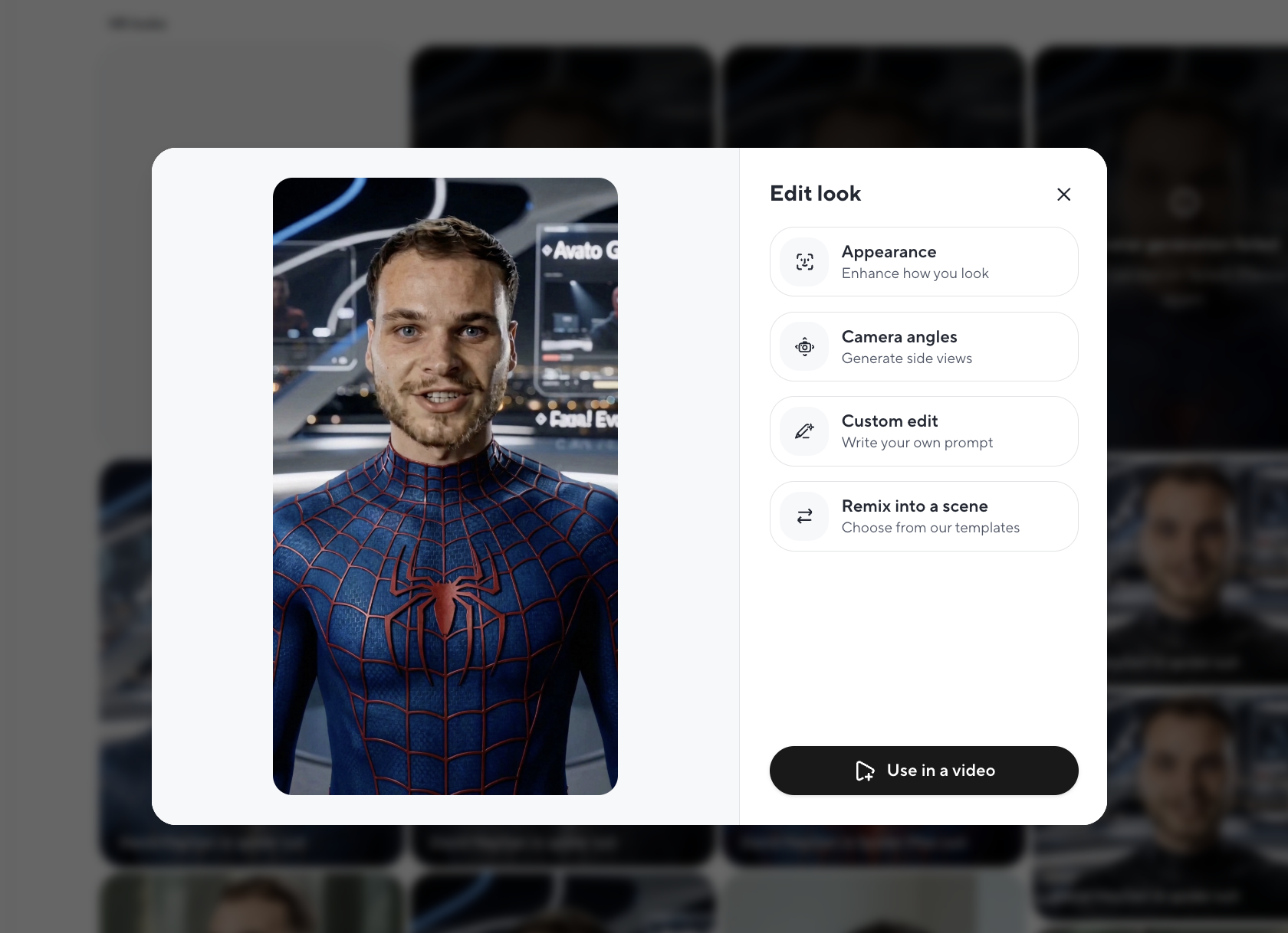Edit look 弹窗:Appearance、Camera angles、Custom edit、Remix into a scene 四个选项