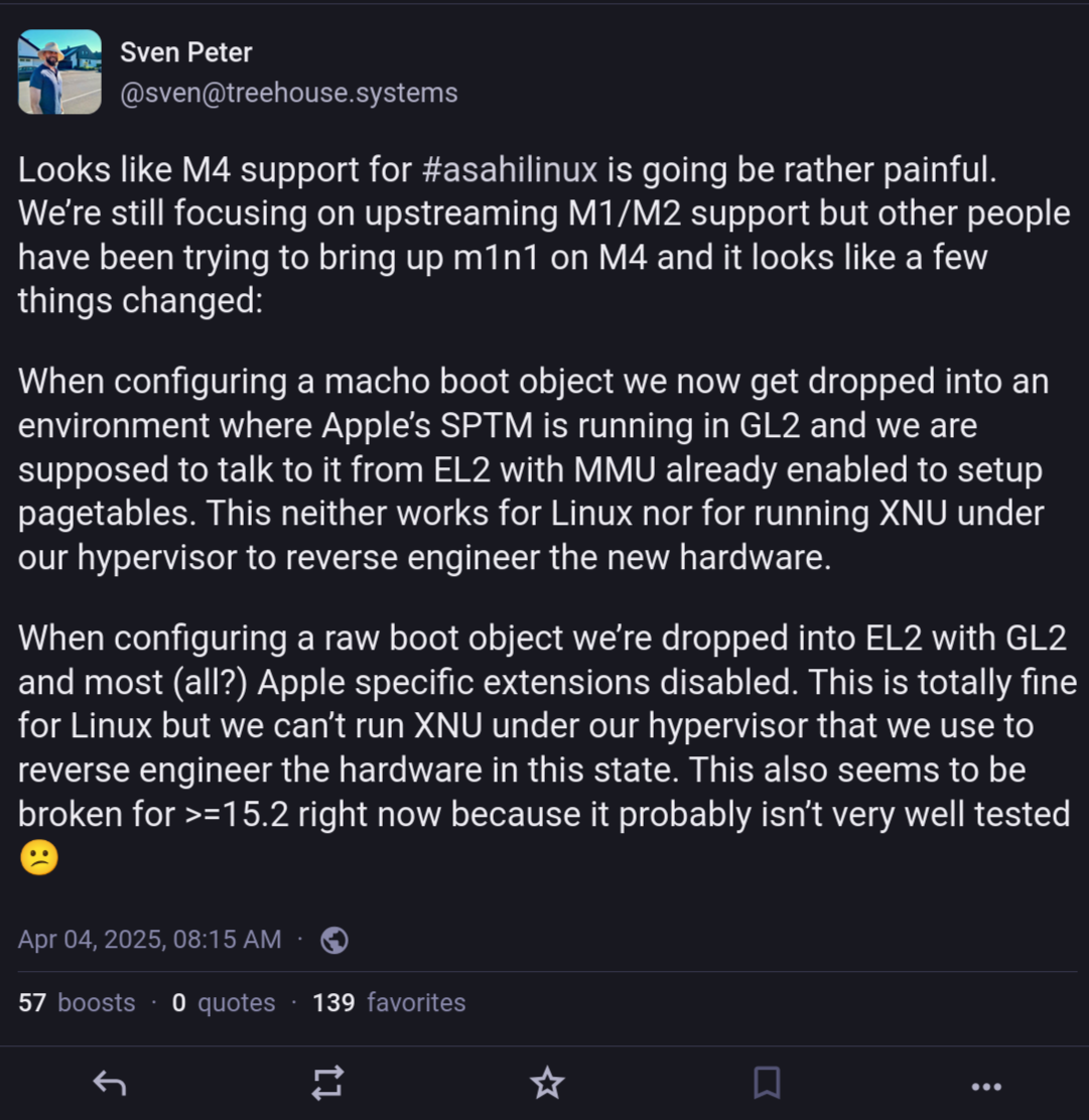 Sven Peter 2025 年 4 月一条 Mastodon 帖子的截图：“看来 Asahi Linux 对 M4 的支持会相当痛苦 [...]”
