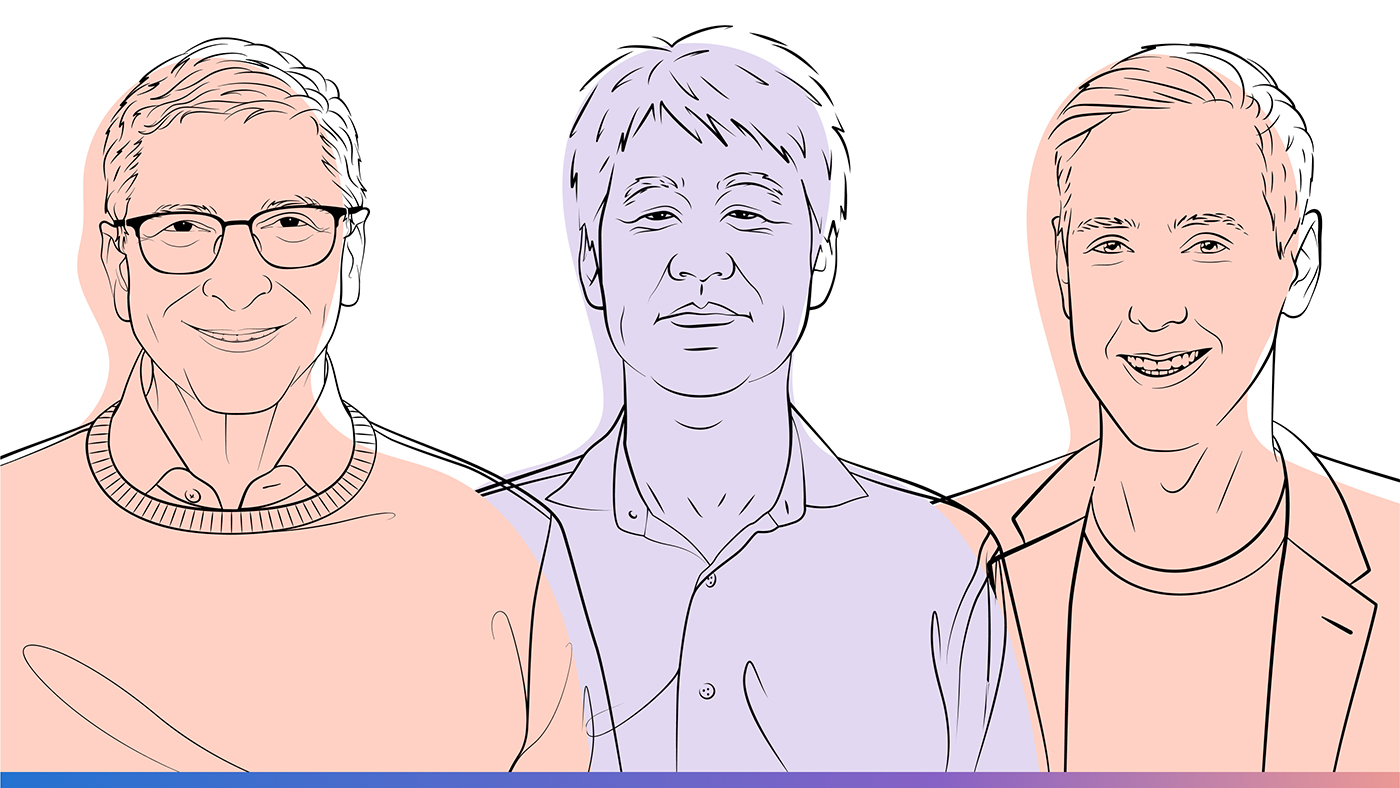 Bill Gates、Peter Lee 和 Sébastien Bubeck 的插画头像