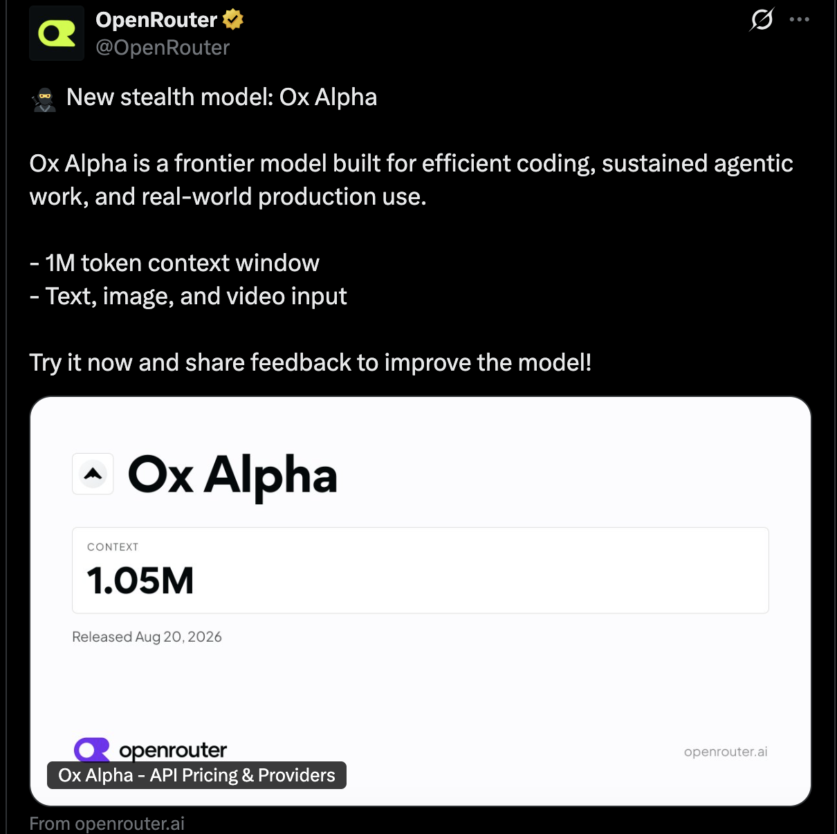 神秘“Ox Alpha”突袭 OpenRouter，性能超过 Fable 5？全网盲猜智谱 or 小米