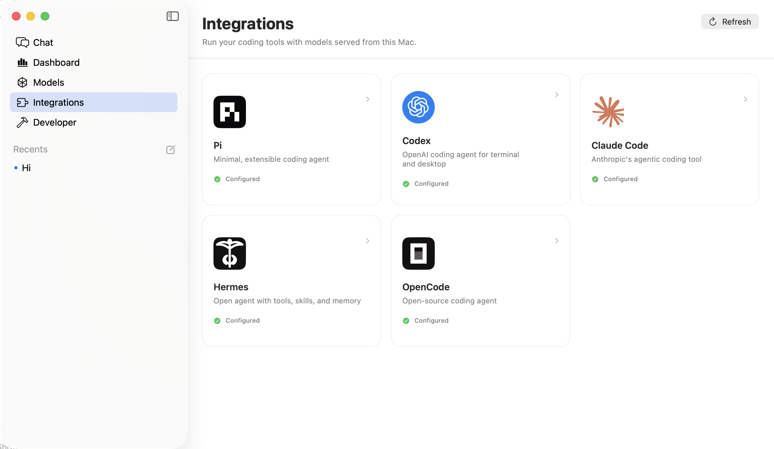 Nativ integrations screen showing Pi, Codex, Claude Code, Hermes, and OpenCode configured to use local models