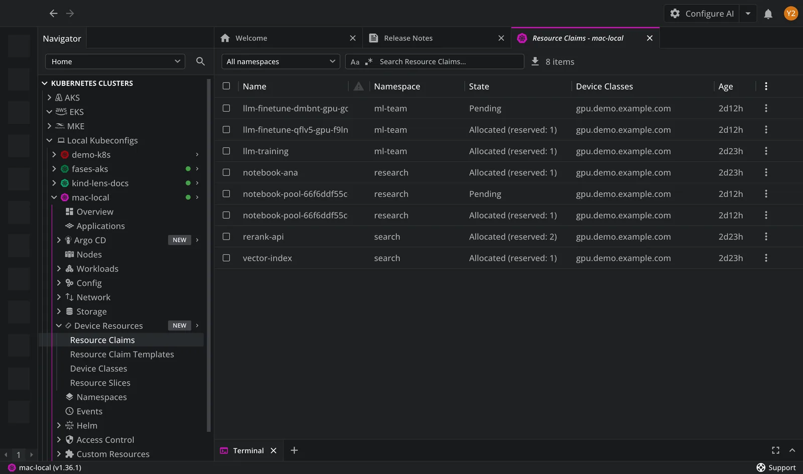 The Device Resources navigator group expanded, showing Resource Claims, Resource Claim Templates, Device Classes, and Resource Slices, with a Resource Claims list open for a cluster with GPU claims