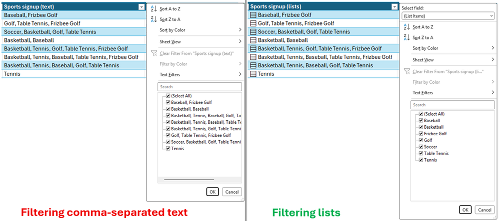 eft: filtering on comma-separated text, where you select whole text entries, right: filtering on lists, where you select individual list items