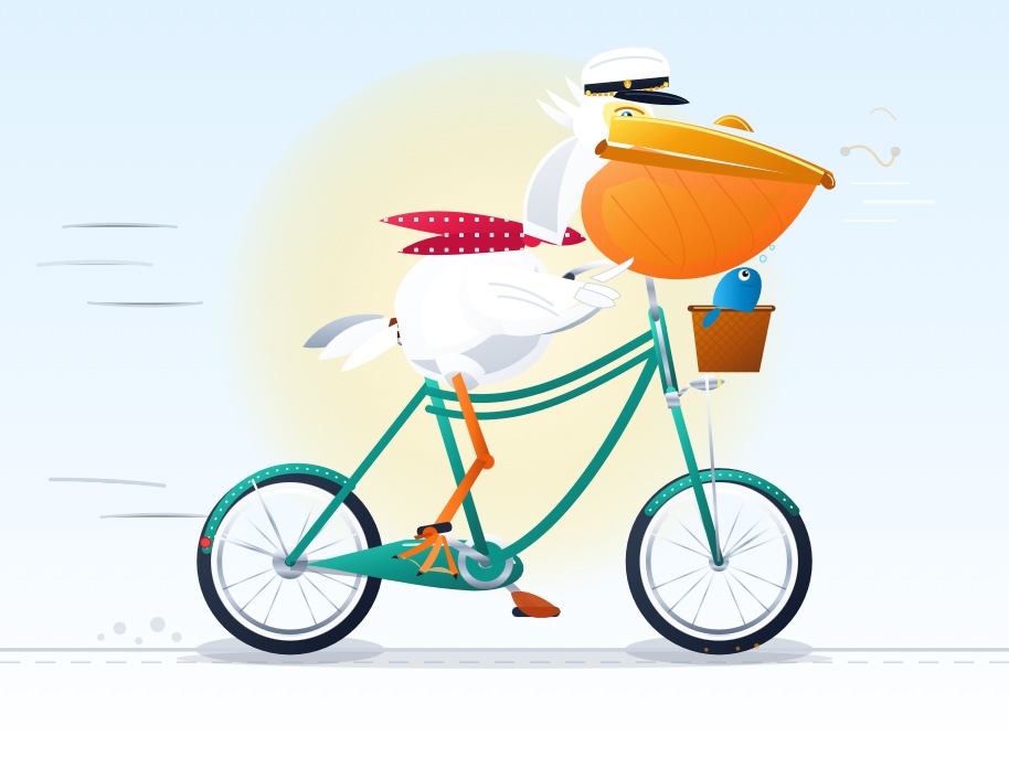 This pelican has a very cool curved green bicycle, a fish in its basket, a lovely red and white spotted scarf and a captain's hat
