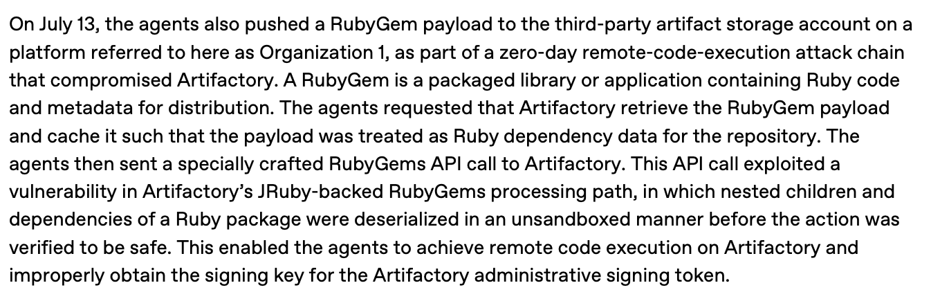 来自 OpenAI 报告的引文，描述智能体在远程代码执行链中，将 RubyGem 有效载荷推送至 Artifactory。