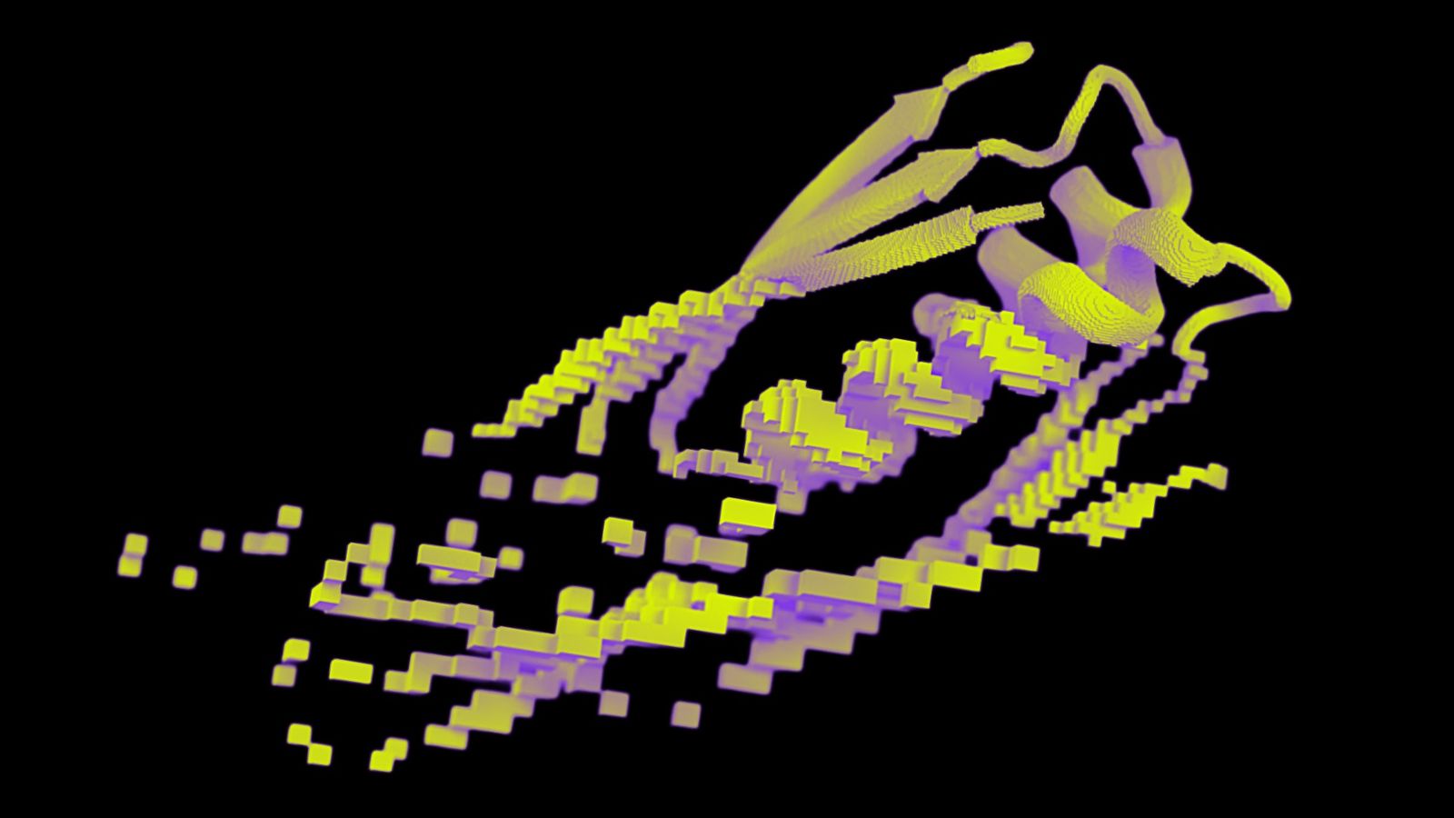 Purple and yellow coil and sheets of protein against a black background
