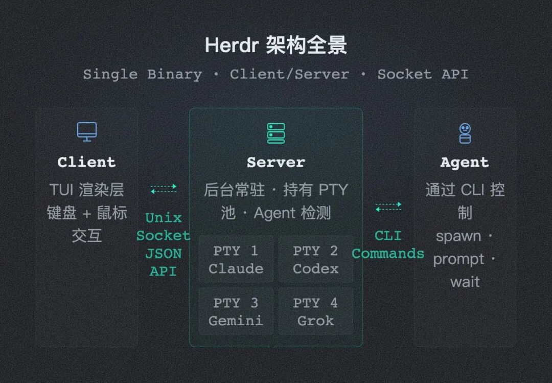 Herdr Client/Server/Agent 三角架构