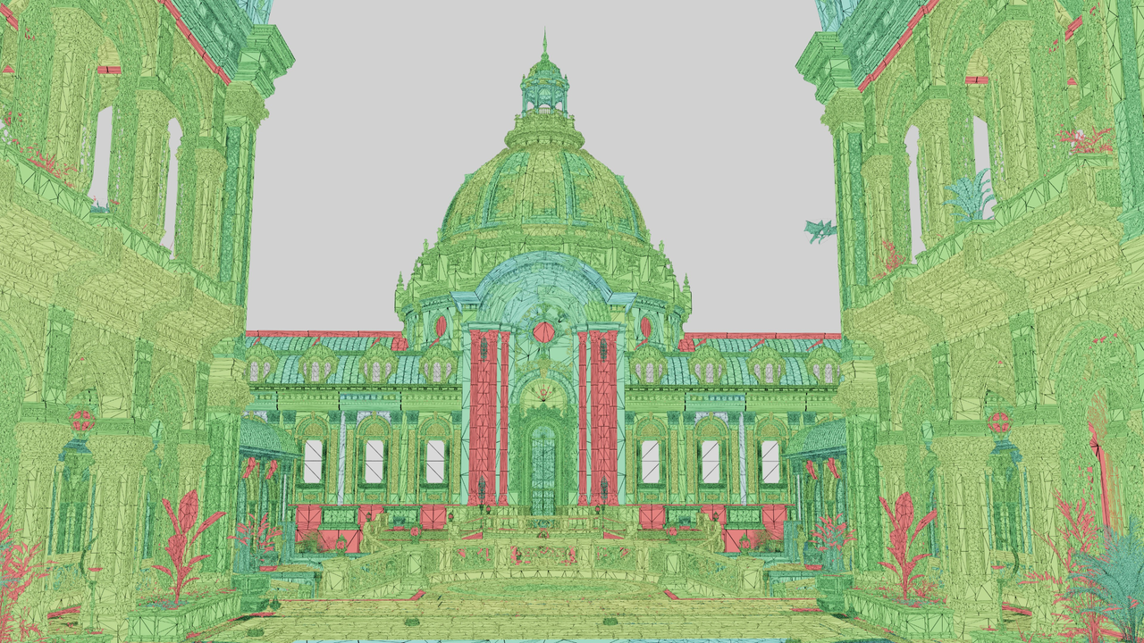 Nvidia&rsquo;s Zorah courtyard in Mega Geometry&rsquo;s level-of-detail view