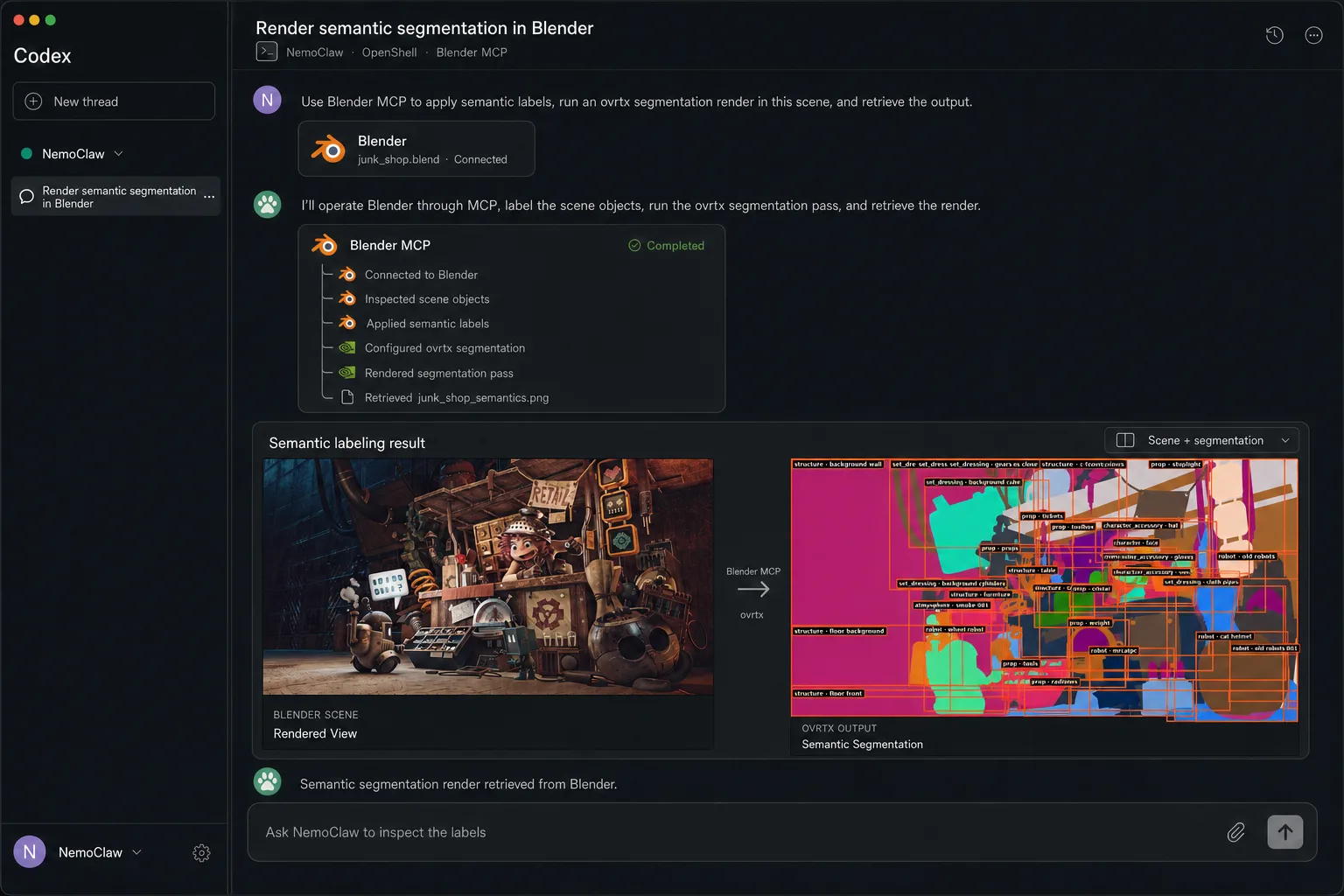 Codex 界面截图，显示 NemoClaw 通过 Blender MCP 完成“在 Blender 中渲染语义分割”任务。已完成的步骤列表包括：连接 Blender、检查场景对象、应用语义标签、配置 ovrtx 分割、渲染分割通道以及获取 junk_shop_semantics.png。下方并排对比展示了原始杂货铺渲染视图与 ovrtx 语义分割输出，其中场景对象被赋予颜色编码和标签（角色、机器人、道具、背景元素）。
