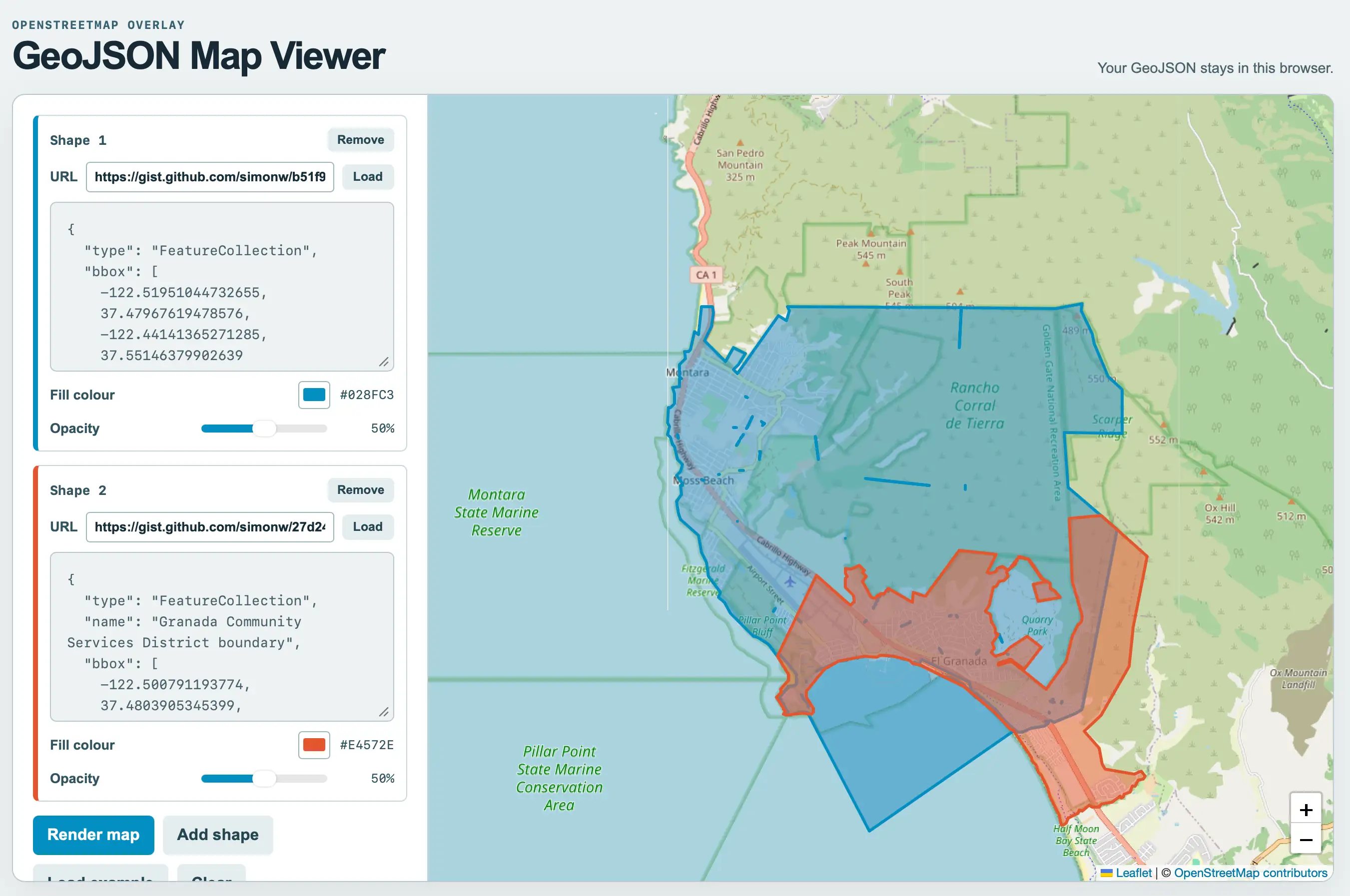 GeoJSON Map Viewer 应用截图：左侧为控制面板，右侧为地图。左上角显示"OPENSTREETMAP OVERLAY GeoJSON Map Viewer"。右上角提示"Your GeoJSON stays in this browser"。左侧"Shape 1"面板（蓝色主题）：显示 Shape 1、删除按钮、URL https://gist.github.com/simonw/b51f9 及加载按钮，文本区域包含 { "type": "FeatureCollection", "bbox": [-122.51951044732655, 37.47967619478576, -122.44141365271285, 37.55146379902639] }，填充颜色 #028FC3（蓝色色块），透明度滑块设为 50%。"Shape 2"面板（红色主题）：显示 Shape 2、删除按钮、URL https://gist.github.com/simonw/27d24 及加载按钮，文本区域包含 { "type": "FeatureCollection", "name": "Granada Community Services District boundary", "bbox": [-122.500791193774, 37.4803905345399] }，填充颜色 #E4572E（红色色块），透明度滑块设为 50%。底部按钮包括：Render map、Add shape、Load example、Clear。地图展示蒙特拉（Montara）、莫斯海滩（Moss Beach）、埃尔格拉纳达（El Granada）和半月湾（Half Moon Bay）周边海岸线，一个半透明蓝色多边形覆盖蒙特拉、莫斯海滩和兰乔科拉尔迪 Tierra 并向海洋延伸，另一个重叠的红色多边形覆盖埃尔格拉纳达和采石场公园（Quarry Park）。地图标签包括：Cabrillo Highway、San Pedro Mountain 325 m、Peak Mountain 545 m、South Peak、CA 1、Montara、Rancho Corral de Tierra、Golden Gate National Recreation Area、489 m、Scarper Ridge、552 m、Moss Beach、Montara State Marine Reserve、Ox Hill 542 m、512 m、Fitzgerald Marine Reserve、Airport Street、Pillar Point Bluff、Quarry Park、El Granada、Pillar Point State Marine Conservation Area、Ox Mountain Landfill、Half Moon Bay State Beach，以及加减缩放按钮，标注"Leaflet | © OpenStreetMap contributors"