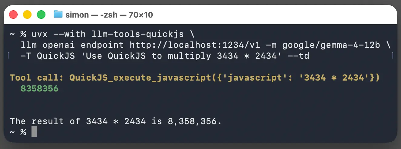 输出显示:Tool call: QuickJS_execute_javascript({'javascript': '3434 * 2434'}) 8358356 3434 * 2434 的结果是 8,358,356。