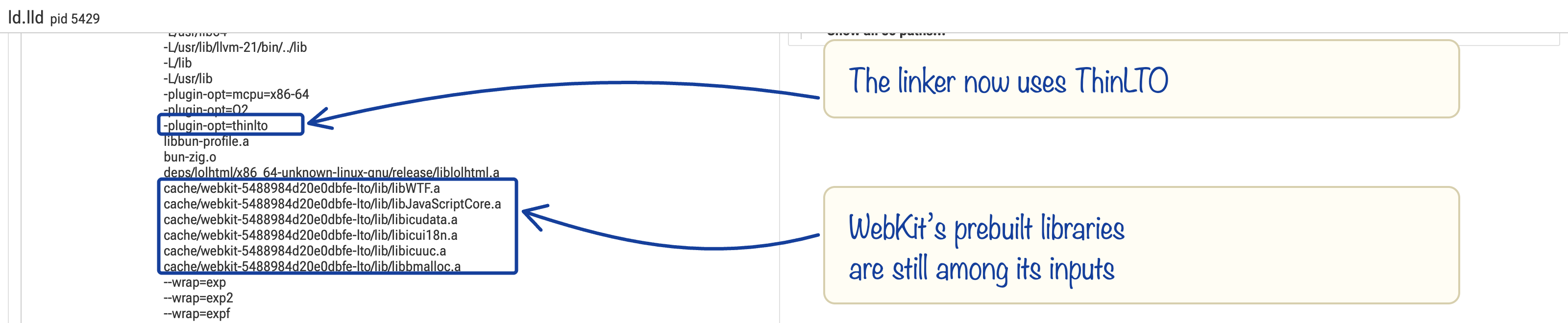 链接器命令已启用 ThinLTO,但仍包含 WebKit 的库文件,如 libJavaScriptCore.a。