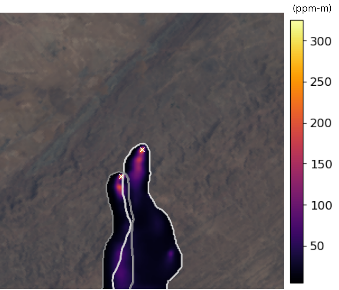 Satellite map overlay showing two concentrated emission plumes radiating from sources marked with an 'X'.