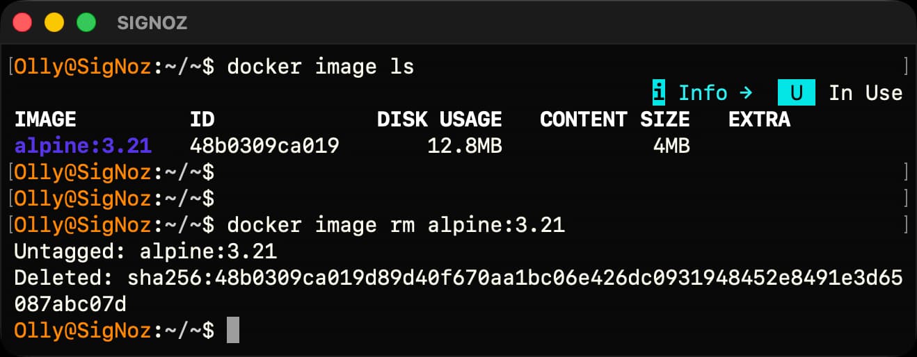 终端列出 alpine:3.21 镜像,显示 docker image rm 成功移除它