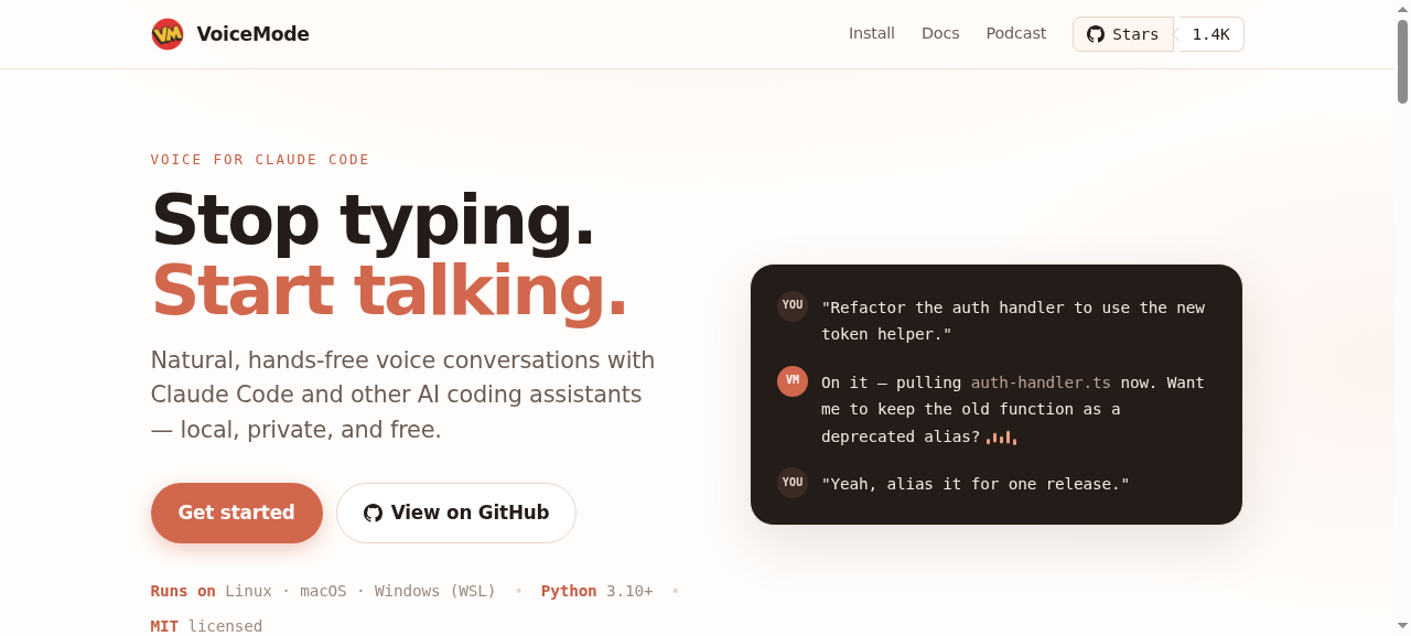 voicemode.dev 官网首页:Stop typing. Start talking. 大标题与平台徽章