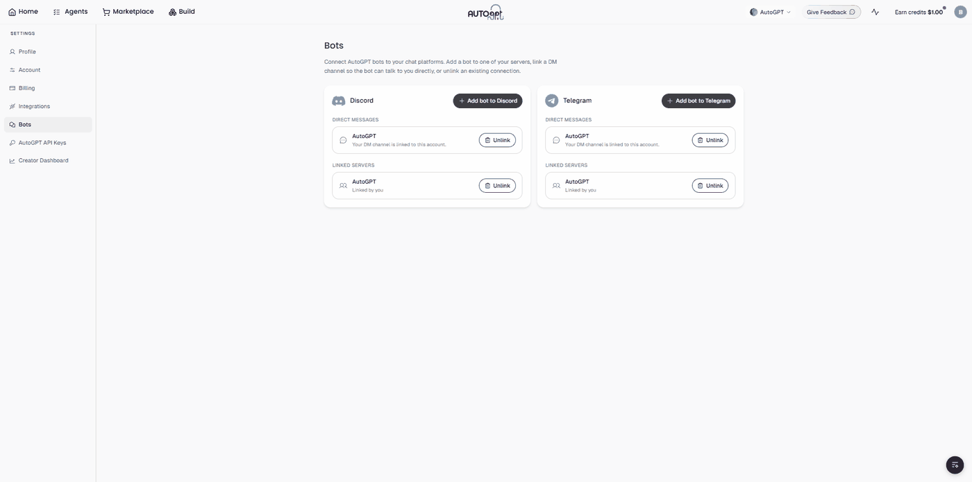 AutoGPT Bots settings with Discord and Telegram connected
