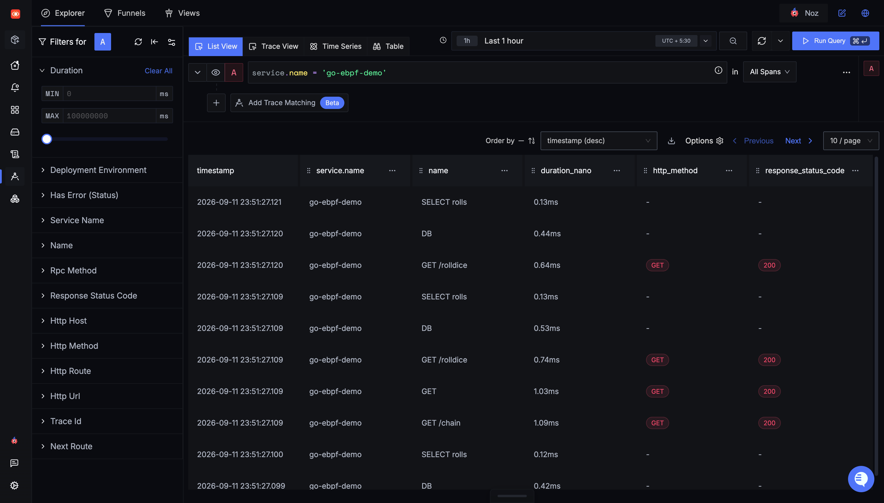 Spans from a Go service instrumented with the OpenTelemetry eBPF agent, listed in the SigNoz Traces Explorer