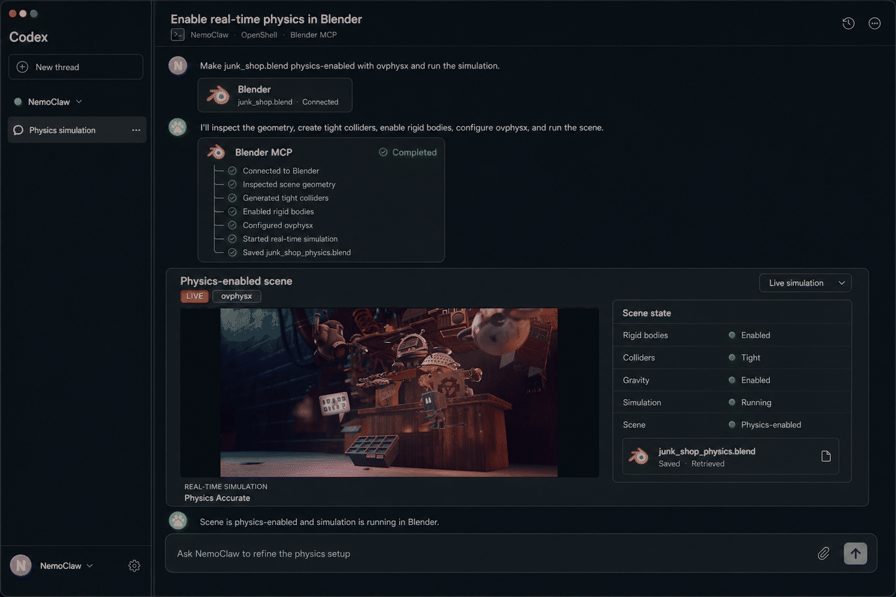 Codex 界面动画，展示 NemoClaw 通过 Blender MCP 完成“在 Blender 中启用实时物理”任务。已完成的步骤列表包括：连接 Blender、检查场景几何体、生成紧密碰撞体、启用刚体、配置 ovphysx、启动实时模拟，以及保存 junk_shop_physics.blend。标题为“已启用物理的场景”的面板展示了一个实时 ovphysx 废品店场景模拟，旁边的“场景状态”面板确认：刚体已启用、碰撞体紧密、重力已启用、模拟运行中、场景物理已启用。

