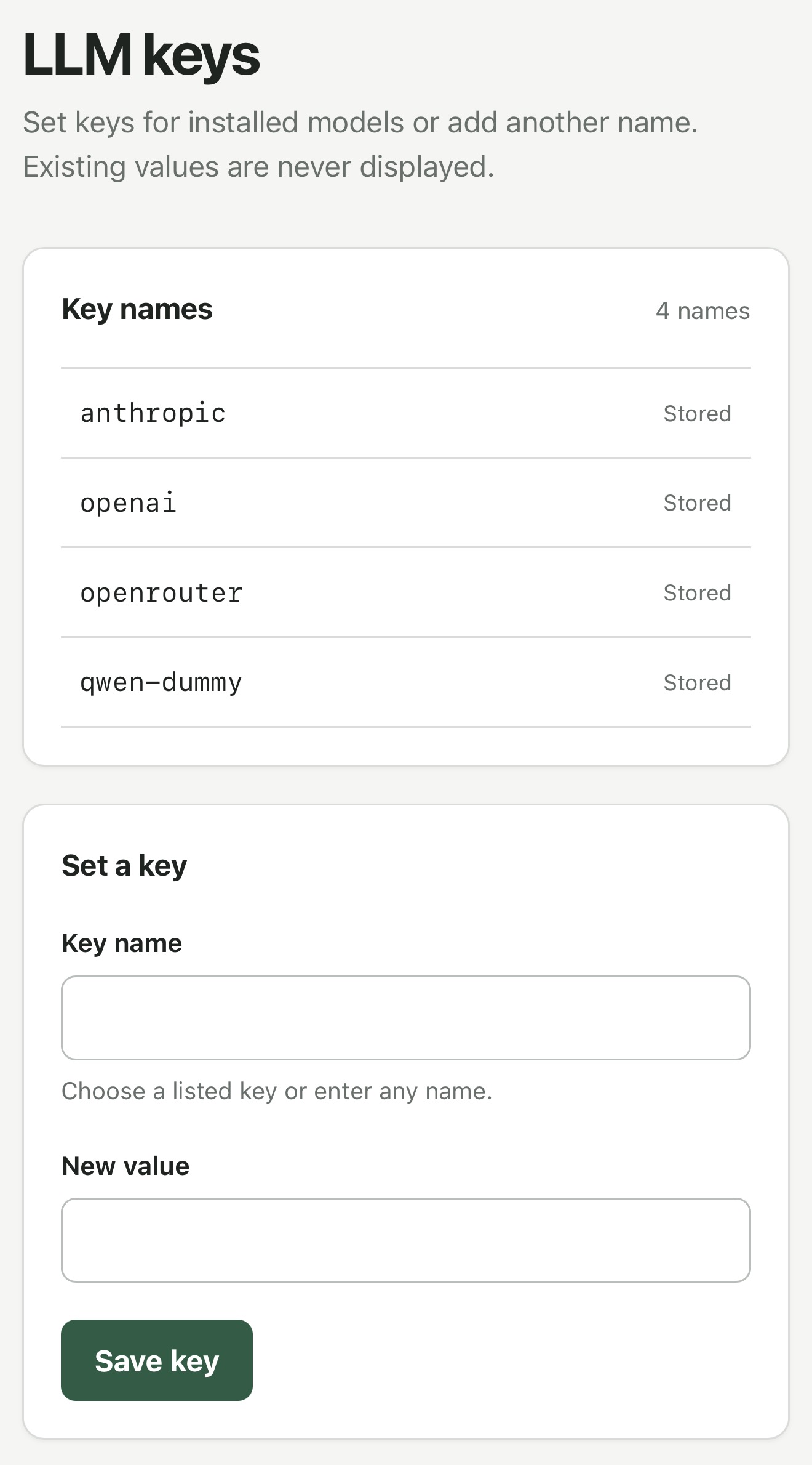 LLM keys web interface listing anthropic, openai, openrouter, and qwen-dummy as stored keys, with a form containing Key name and New value fields and a Save key button. Existing key values are never displayed.
