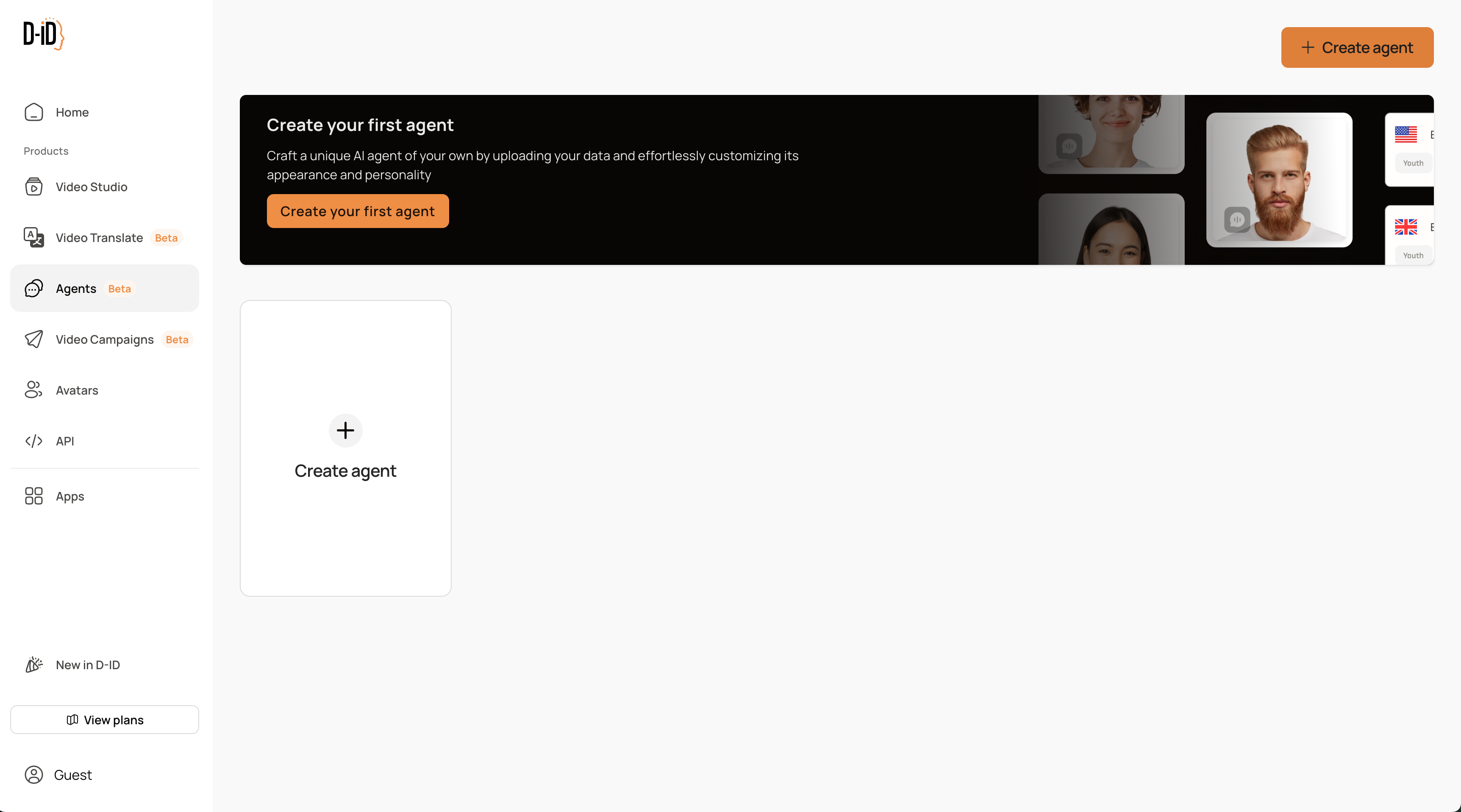 D-ID Creative Studio 的 Agents 页面与 Create agent 按钮