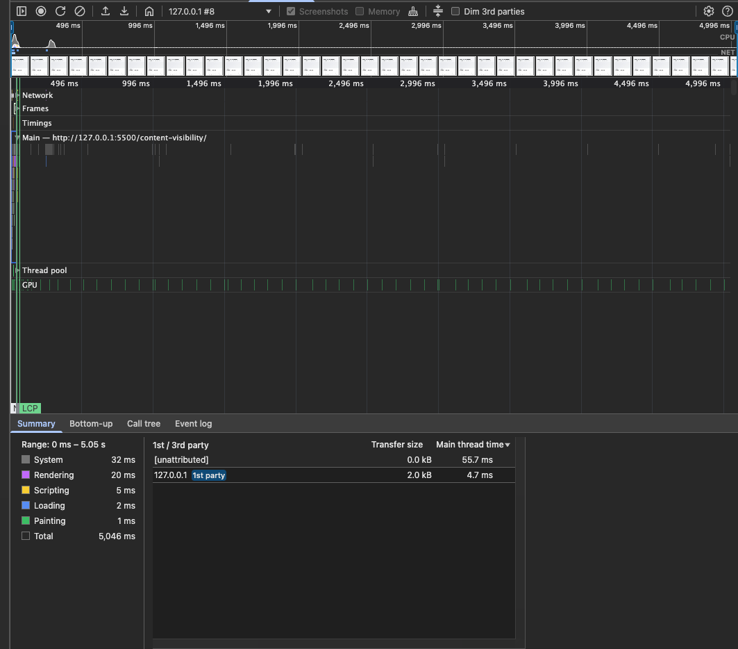 Chrome DevTools Performance recording after applying content-visibility: auto to the cards.