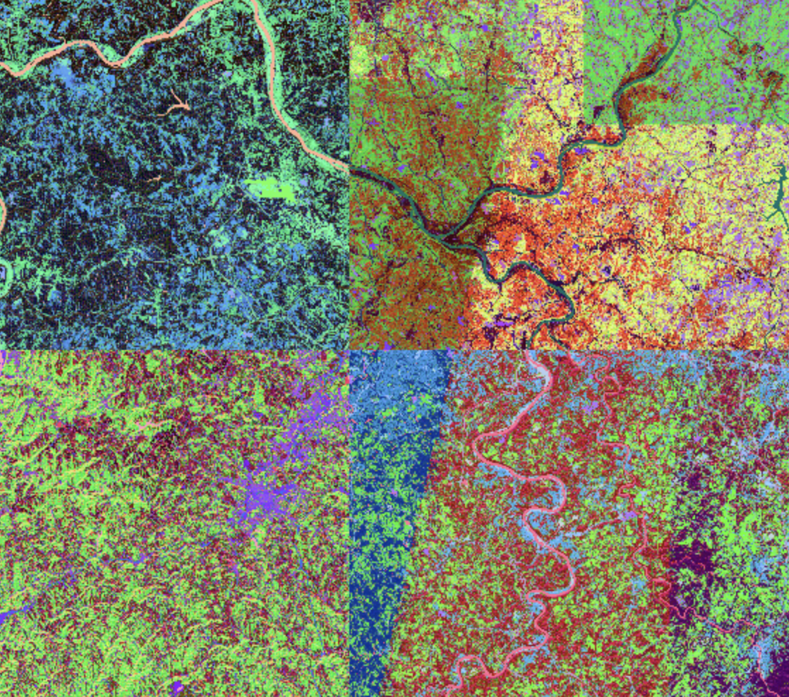 Four false-color renderings of the same embedding raster side by side, each mapping the embedding bands to color differently
