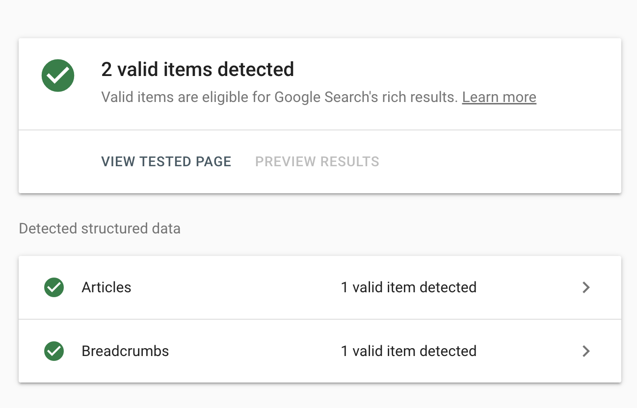 Google 的 Rich Results Test 示例：检测到 2 个有效项目（Article 和 Breadcrumbs，各 1 个），对应示例博客文章