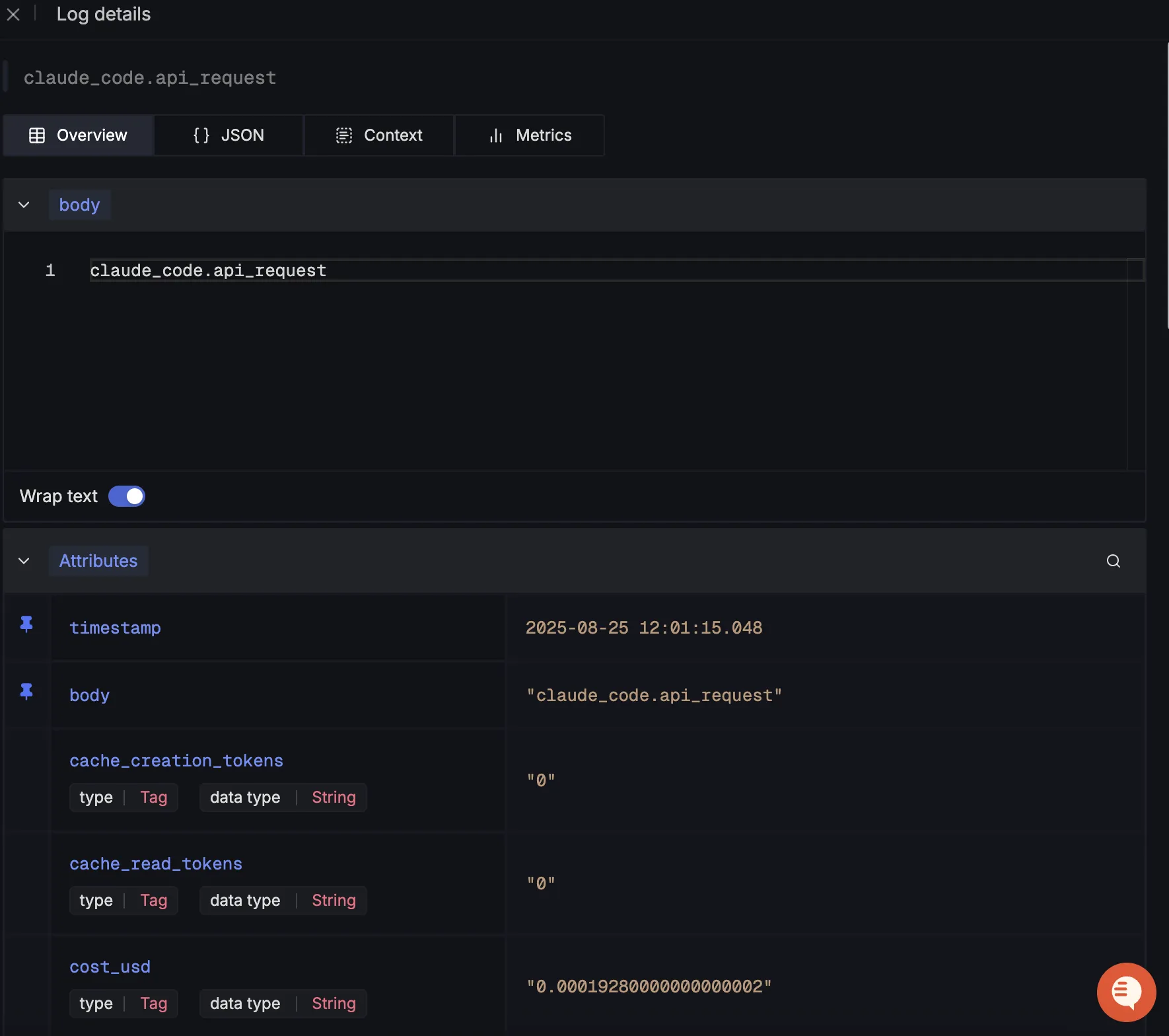 SigNoz 中 Claude Code api_request 事件的详细信息