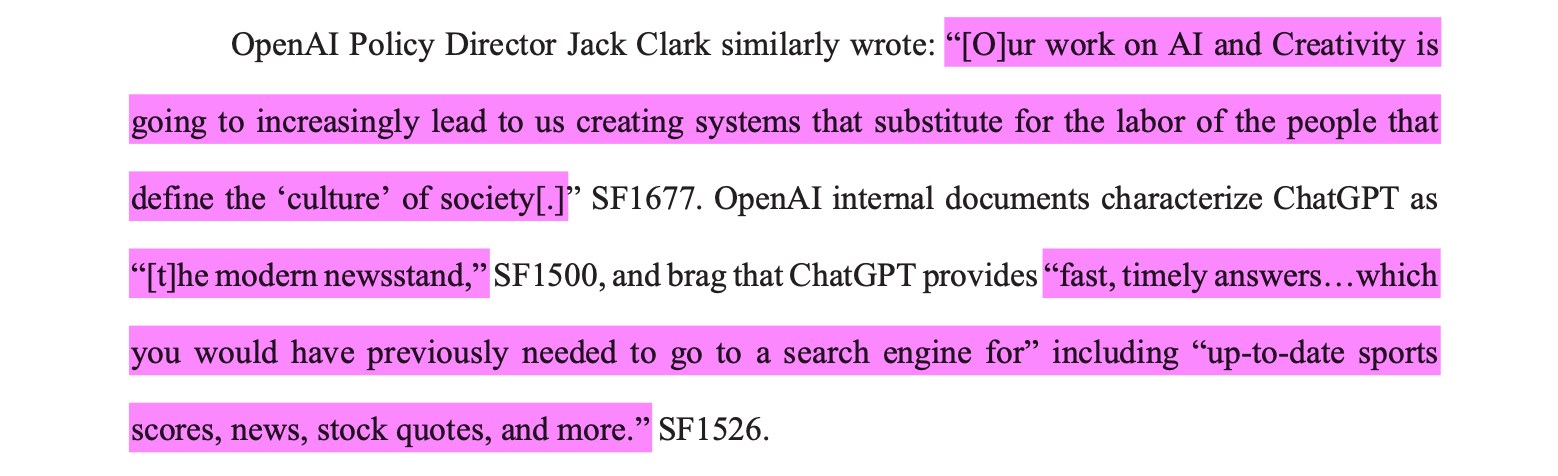 OpenAI 政策主管 Jack Clark 也写道：“[我们]在 AI 与创造力领域的工作将越来越多地导向创建取代定义社会‘文化’之人们劳动的系统[。]” SF1677。OpenAI 内部文件将 ChatGPT 描述为“[现]代报刊亭”，SF1500，并夸耀 ChatGPT 提供“快速、及时的回答……这些原本需要你去搜索引擎查找的内容”，包括“最新的体育比分、新闻、股票报价等。”