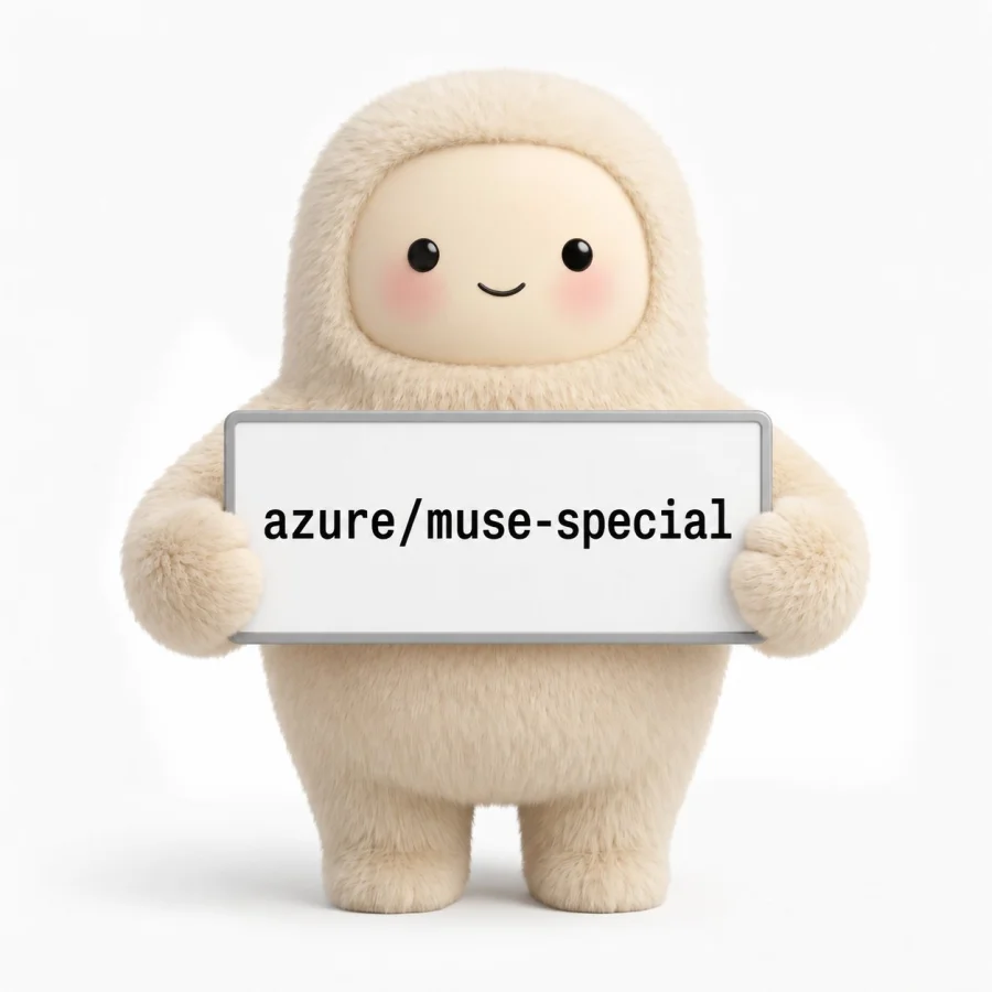一个毛茸茸的吉祥物举着写有 azure/muse-special 的牌子